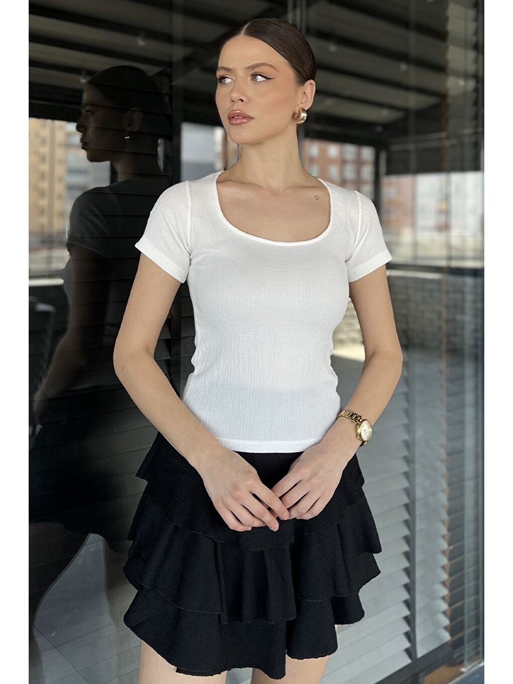 Ekru Kadın Kare Yaka Bürümcük Bluz-1