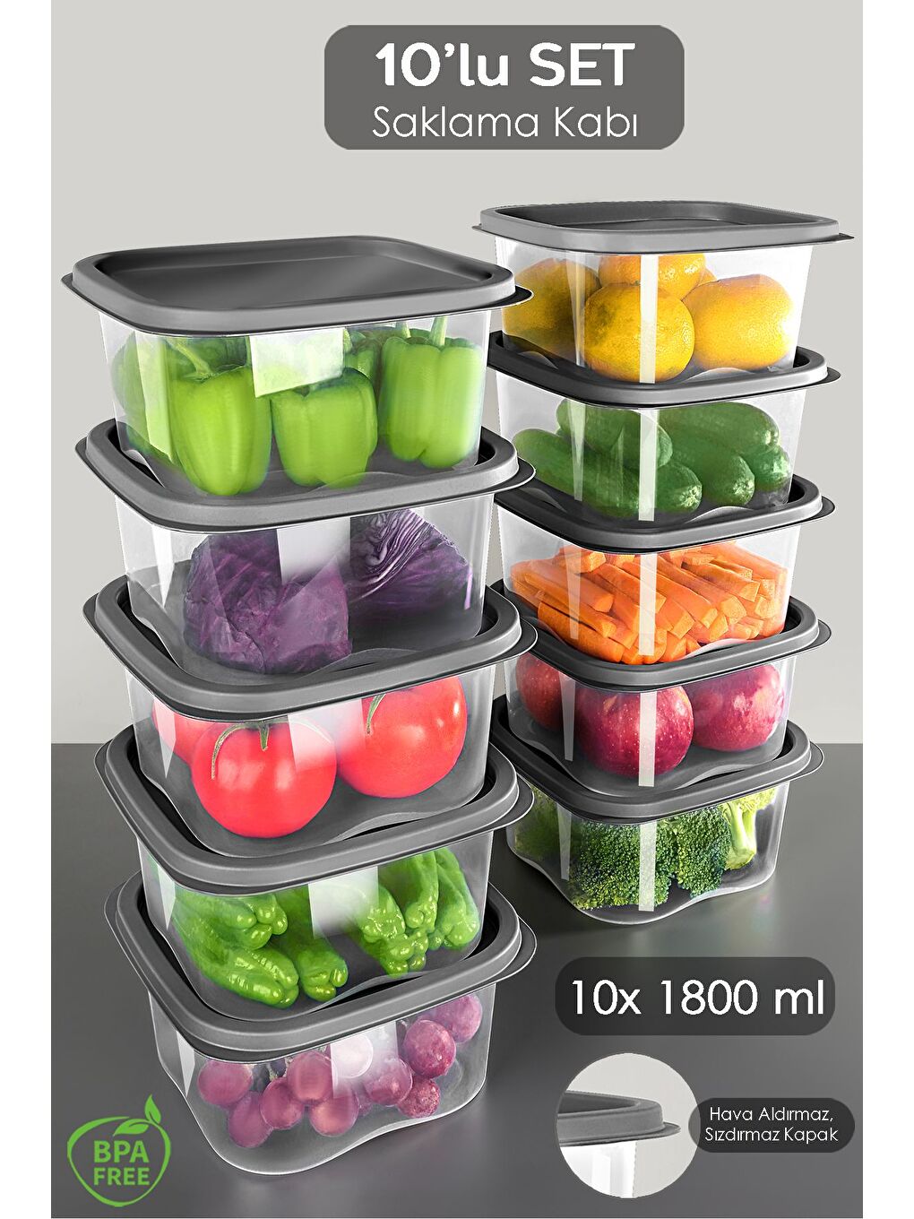 Gri 10 Adet Kare Erzak Gıda Saklama Kabı 1800 ml Antrasit