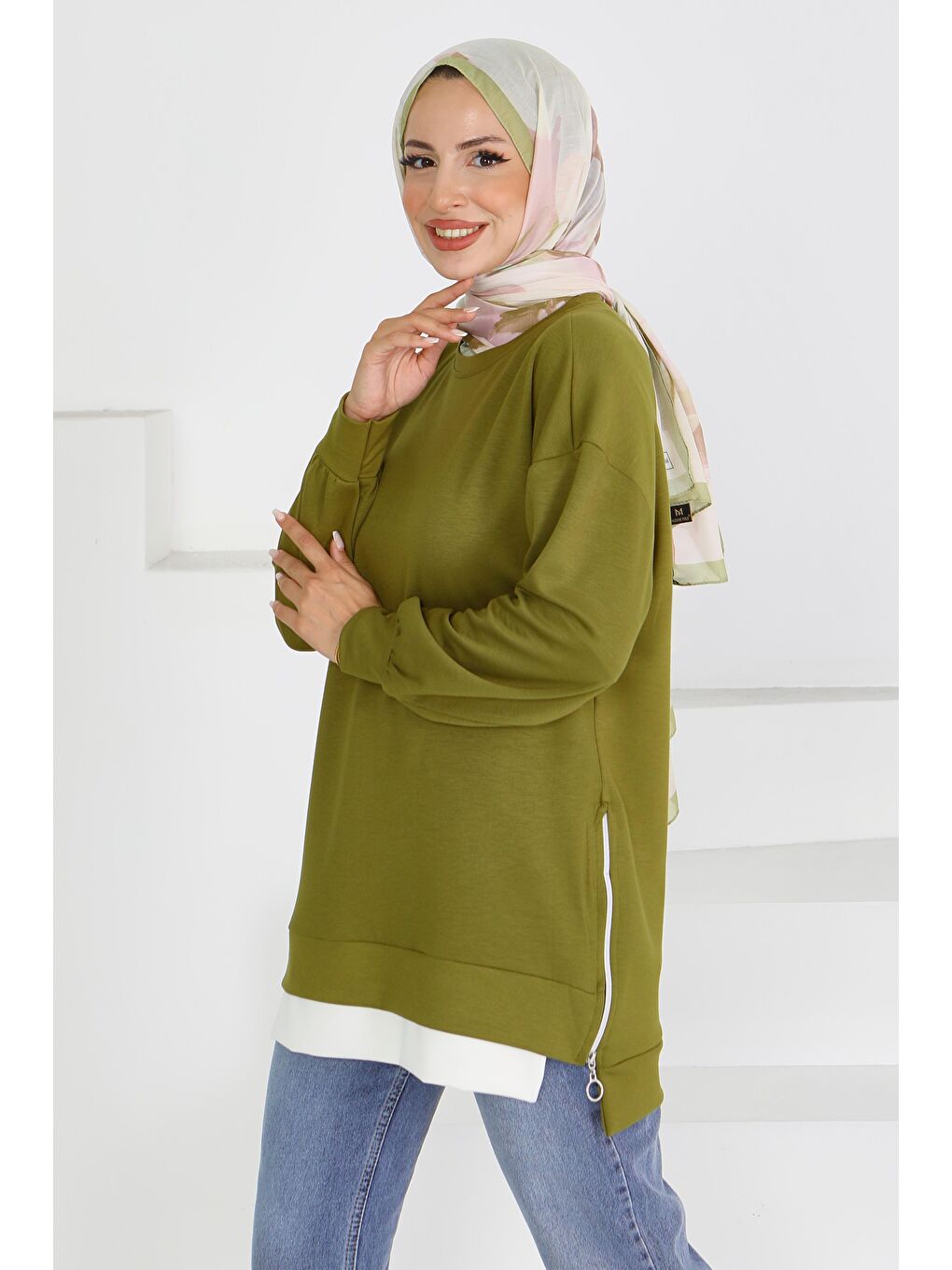 Garnili Fermuarlı İki İplik sweatshirt Haki - 27610-3