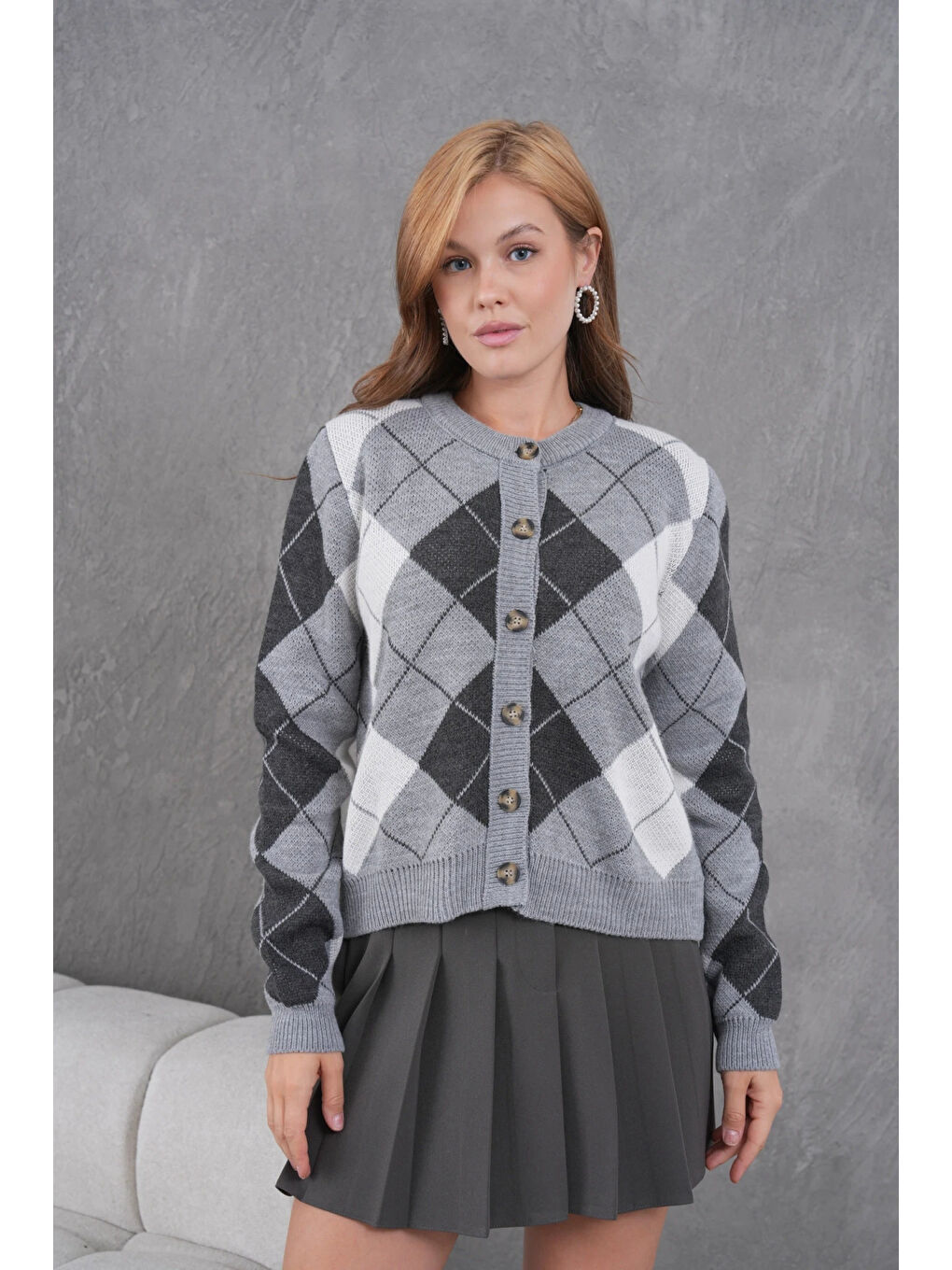 Gri Kadın Bisiklet Yaka Baklava Desenli Düğme Kapama Triko Hırka Ceket-4