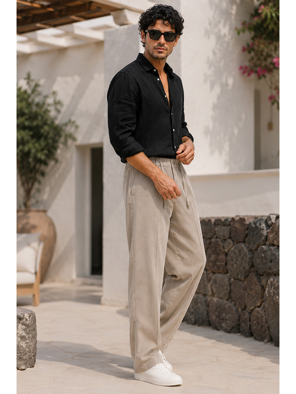 Bej Erkek Vizon Relax Fit Bağcıklı Baggy Pantolon-1