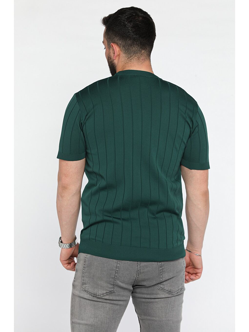 Yeşil Erkek Bisiklet Yaka Kendinden Çizgi Desenli Triko Tişört-2