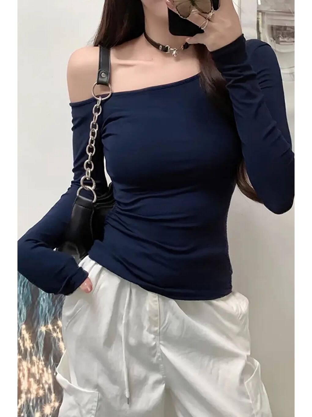 Lacivert Kadın Düşük Omuz Kayık Yaka Dar/Slim Uzun Kollu T-Shirt-2