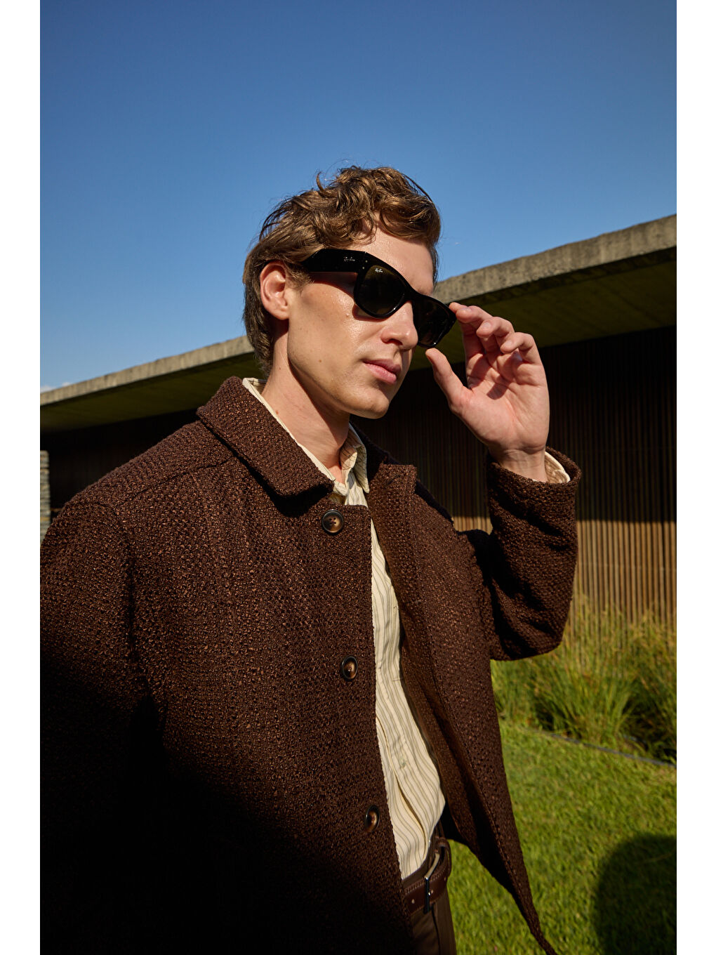 Erkek Tasarım Kumaş Teknik Mont Ceket Kahverengi-5