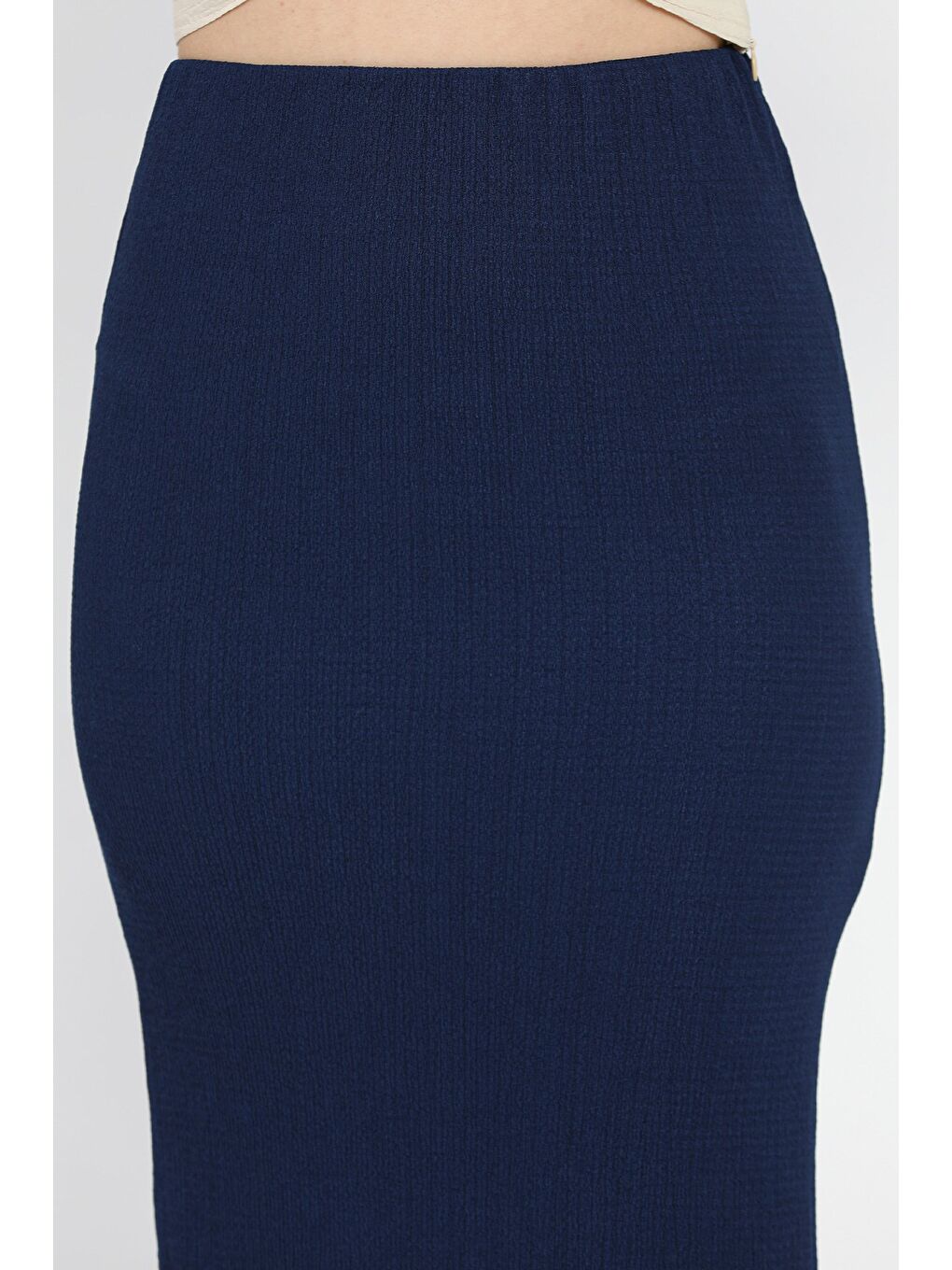 Lacivert Kadın Bel Lastikli Yırtmaç Detaylı Bürümcük Elastanlı Etek-3
