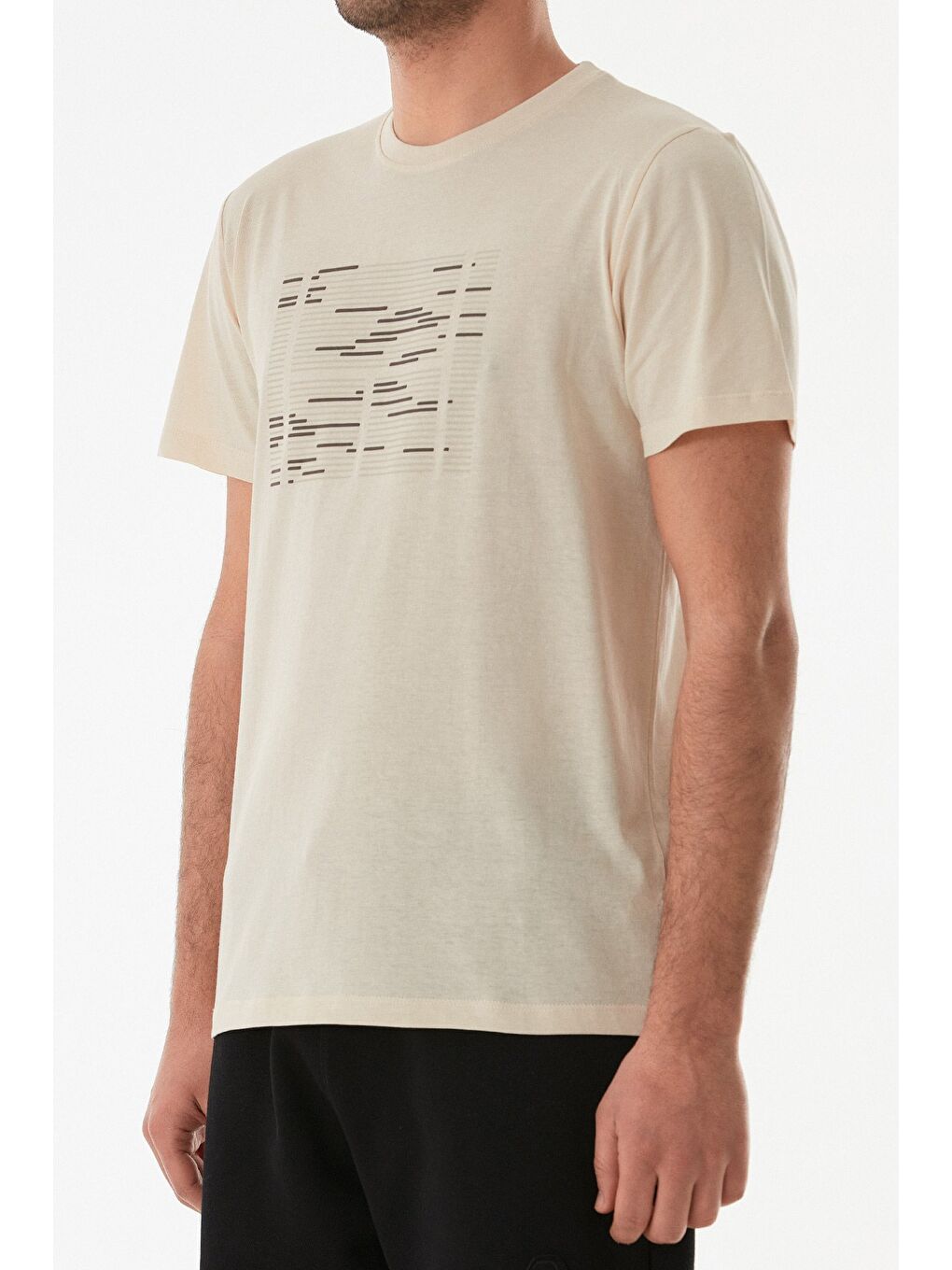 Bej Kabartma Baskılı Bisiklet Yaka Tişört-3
