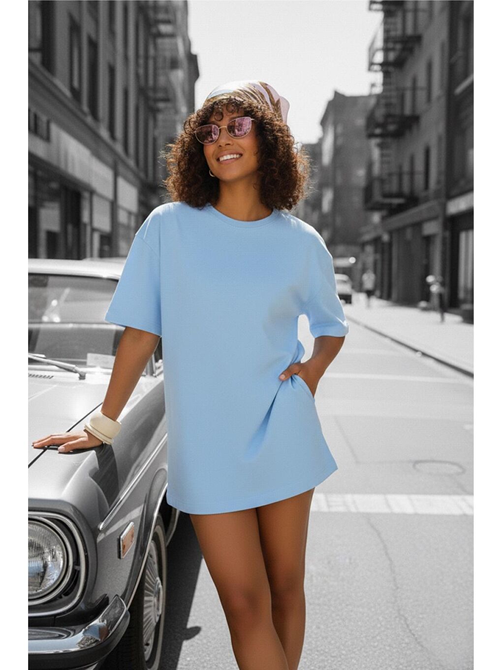 Turkuaz Mily Kadın Oversize Basic Bisiklet Yaka Pamuklu T-Shirt Rahat Kesim Unisex Sevgili Kombini-1