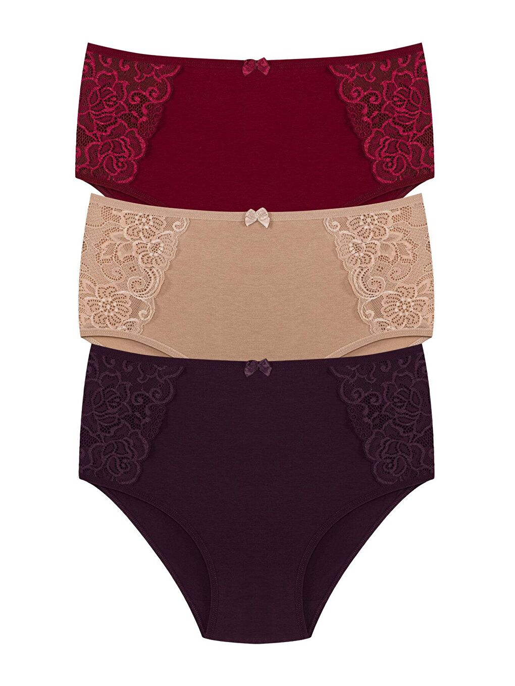 Mor Pamuklu Yanları Dantel Yüksek Bel Büyük Beden Kadın Külot 3'lü