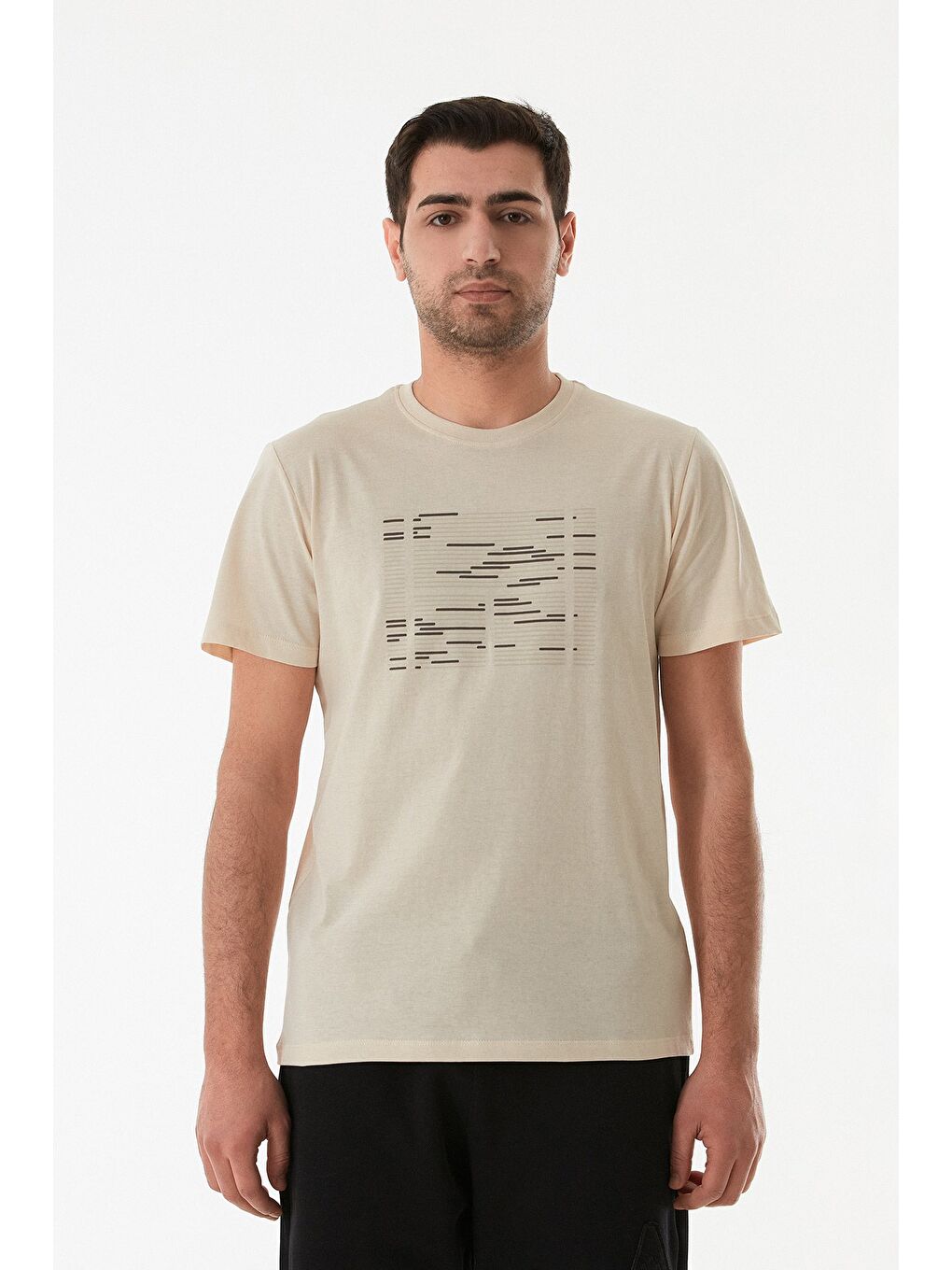 Bej Kabartma Baskılı Bisiklet Yaka Tişört-4