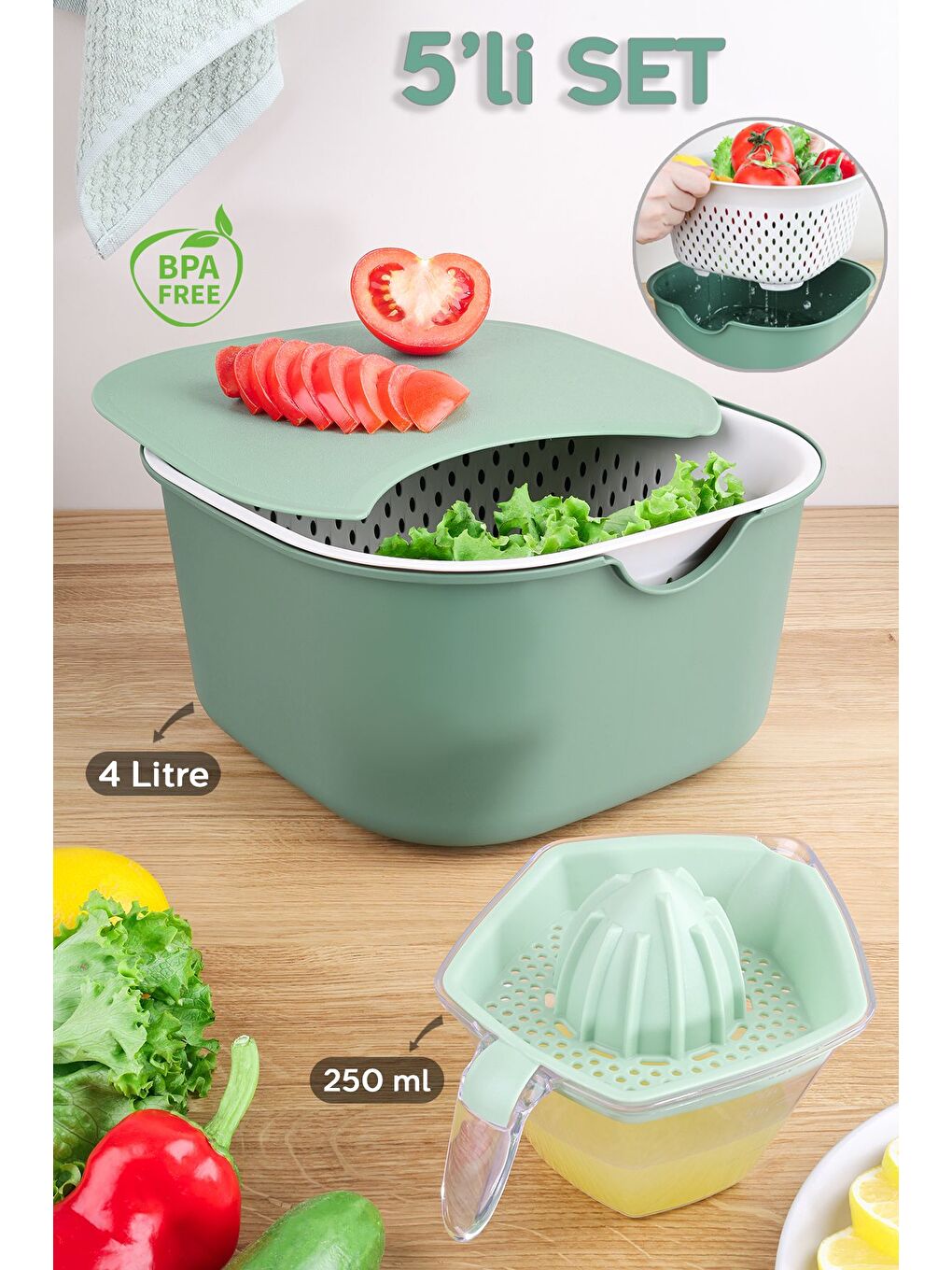 5 Parça Çok Amaçlı Mutfak Seti Karıştırma Kabı Kasesi Süzgeç Kesme Tahtası Limon Sıkacağı Yeşil