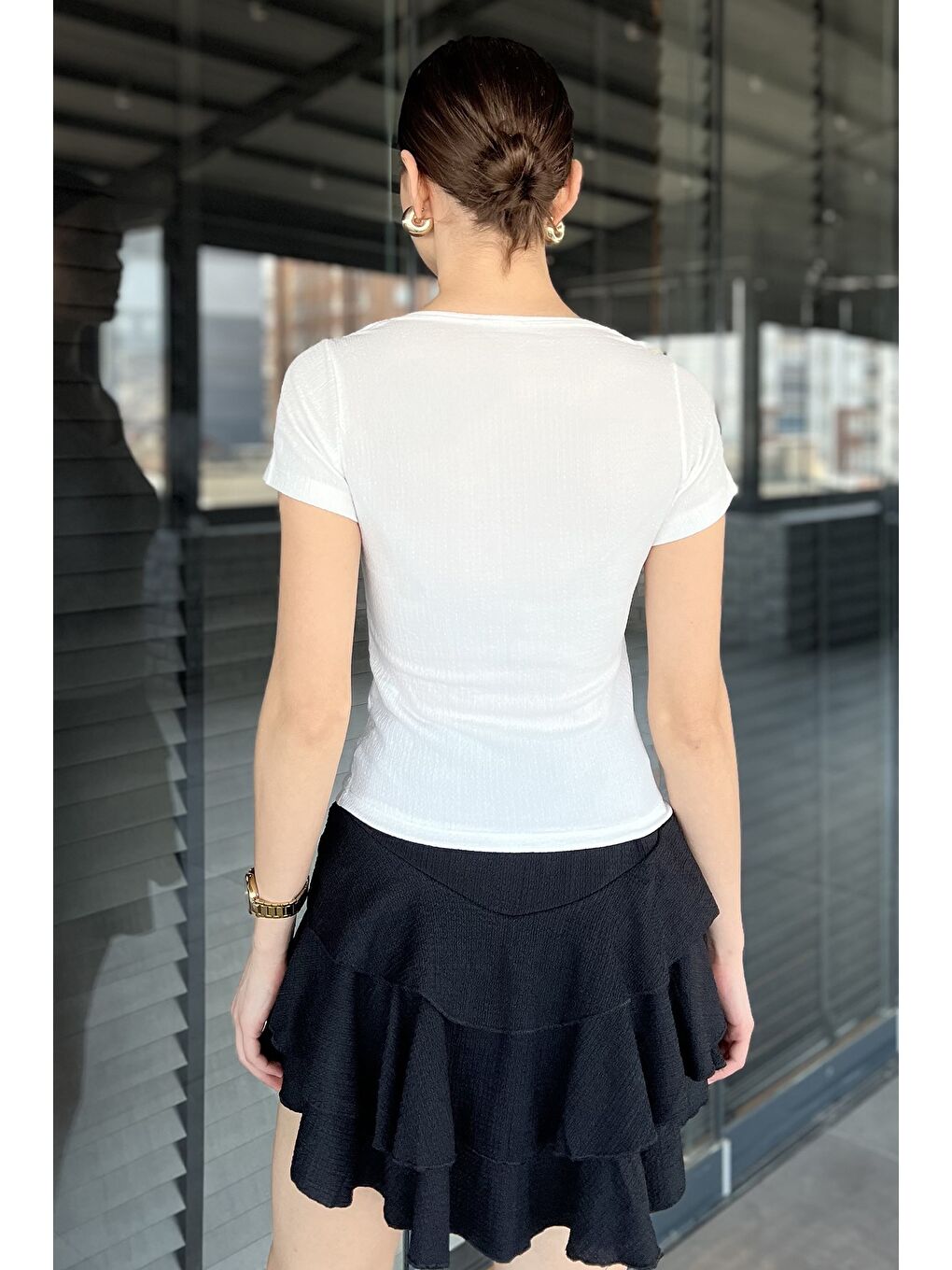 Ekru Kadın Kare Yaka Bürümcük Bluz-3