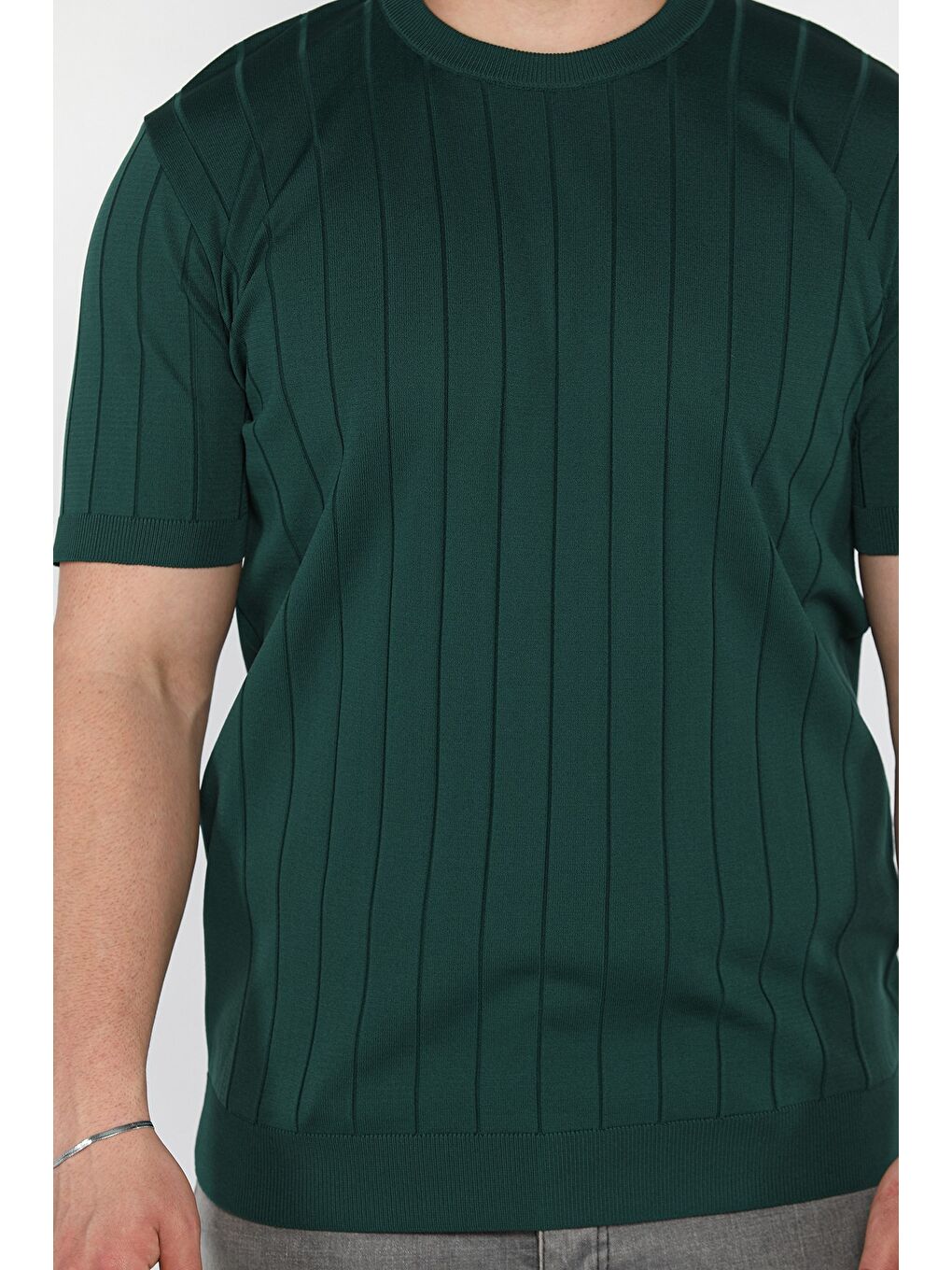 Yeşil Erkek Bisiklet Yaka Kendinden Çizgi Desenli Triko Tişört-3