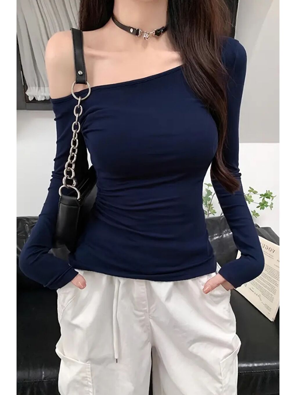 Lacivert Kadın Düşük Omuz Kayık Yaka Dar/Slim Uzun Kollu T-Shirt-3