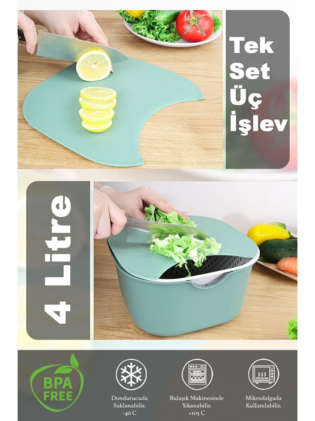 5 Parça Çok Amaçlı Mutfak Seti Karıştırma Kabı Kasesi Süzgeç Kesme Tahtası Limon Sıkacağı Yeşil-4