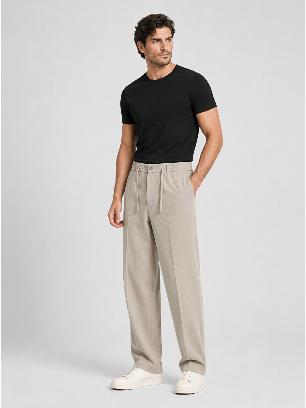 Bej Erkek Vizon Relax Fit Bağcıklı Baggy Pantolon-2