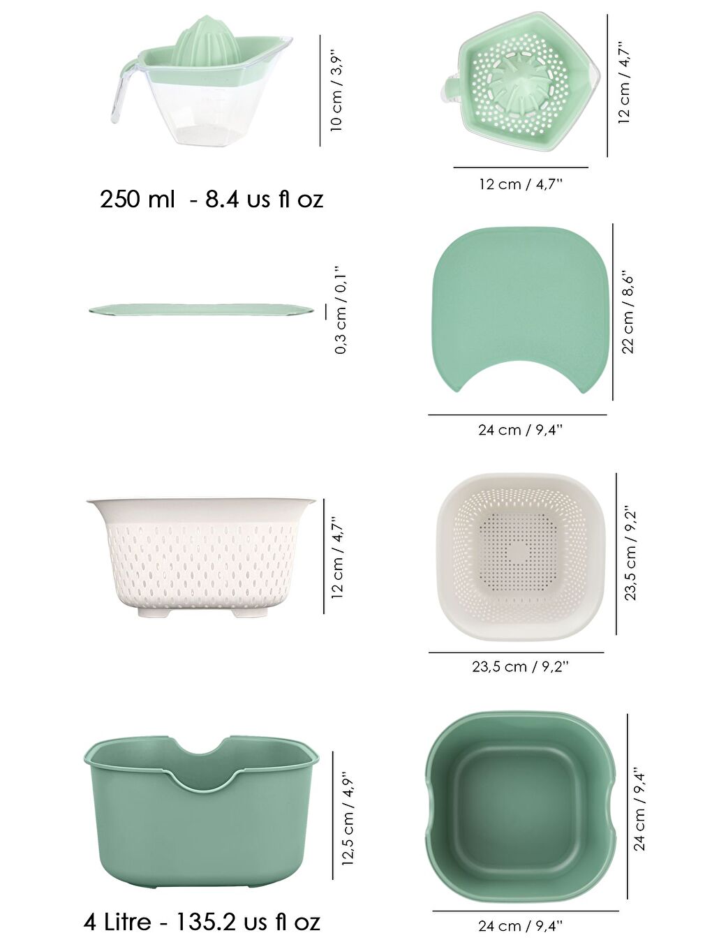5 Parça Çok Amaçlı Mutfak Seti Karıştırma Kabı Kasesi Süzgeç Kesme Tahtası Limon Sıkacağı Yeşil-5