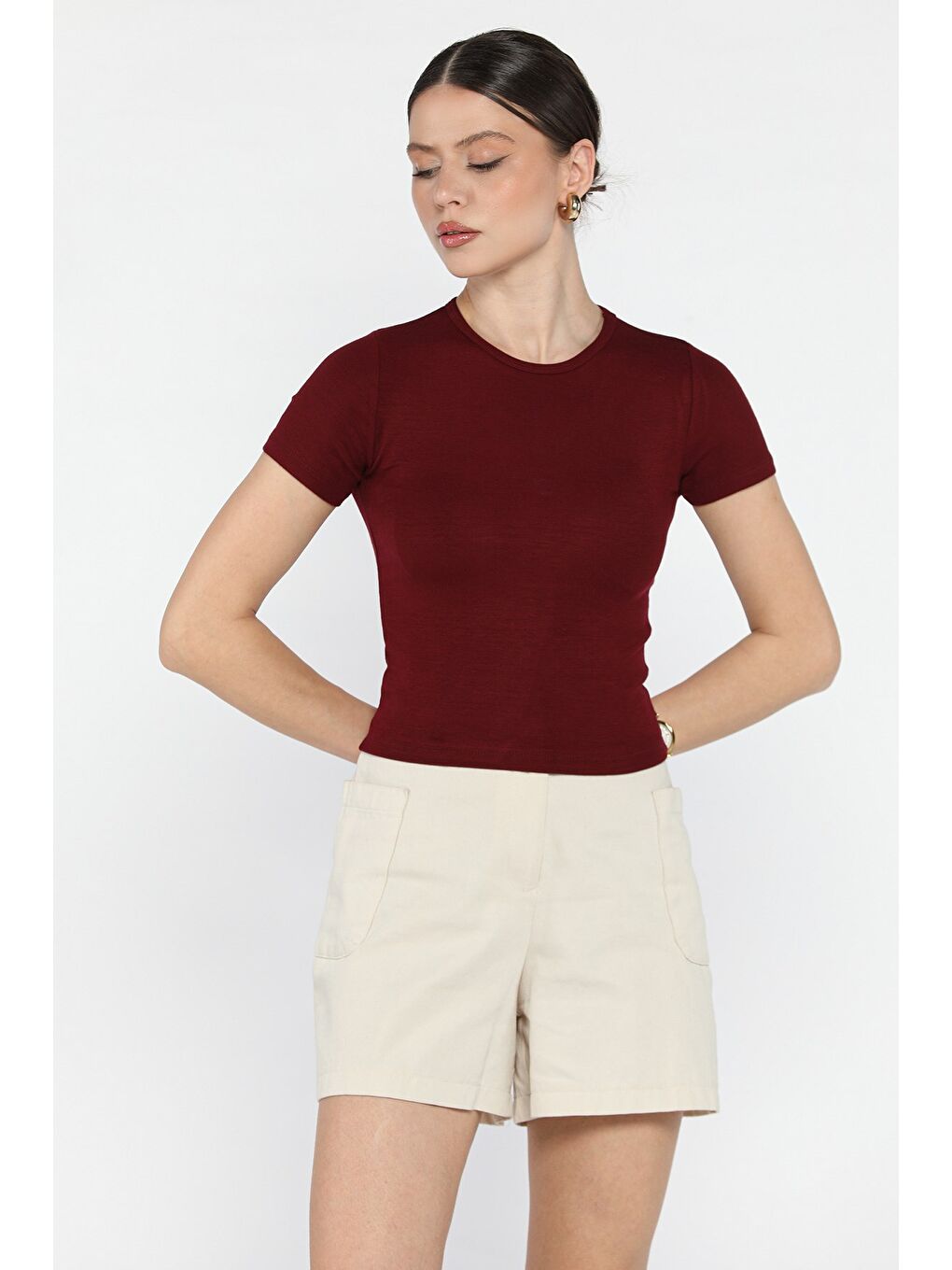 Bordo Kadın Bisiklet Yaka Basic Tişört-1