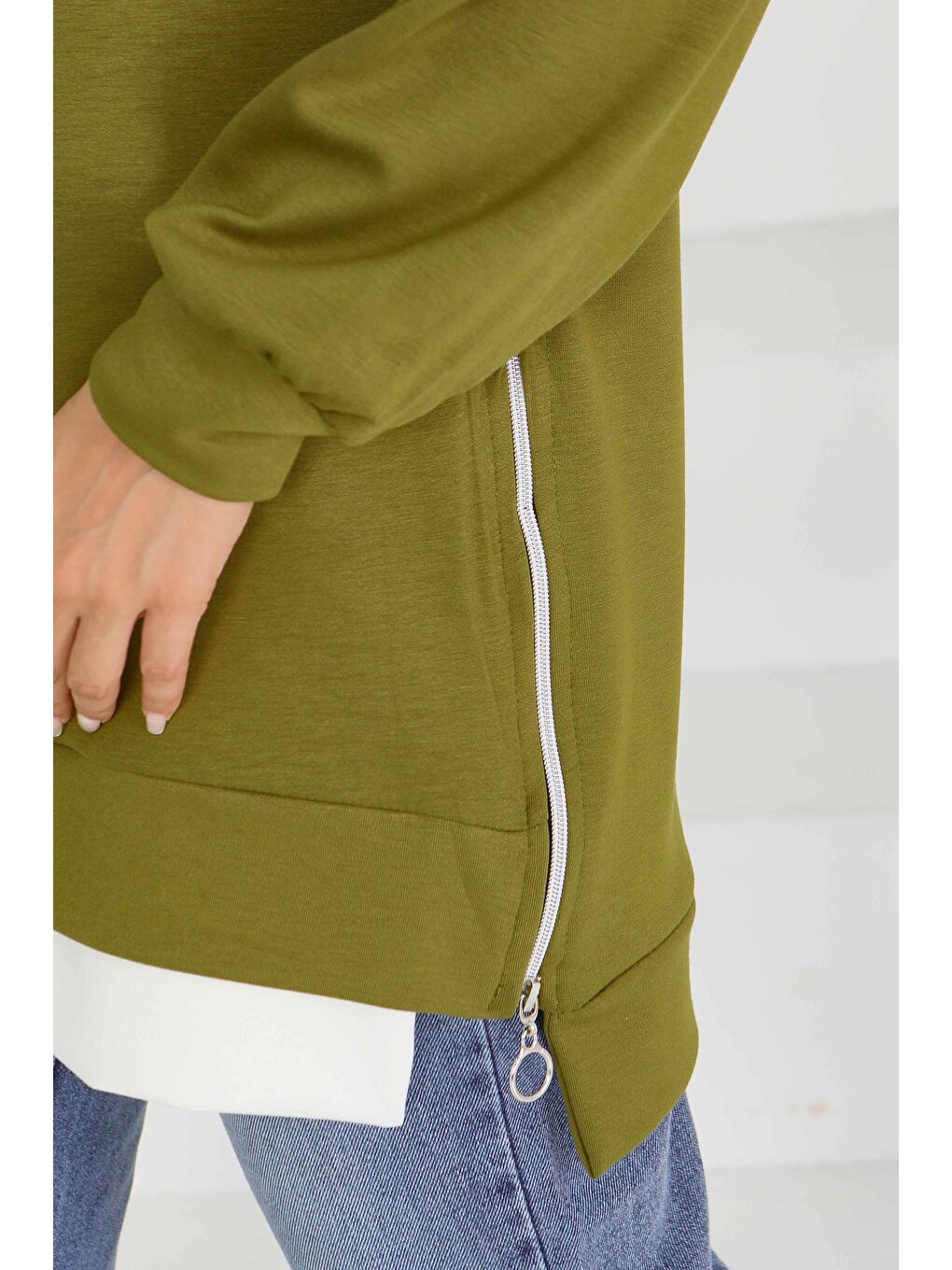 Garnili Fermuarlı İki İplik sweatshirt Haki - 27610-4