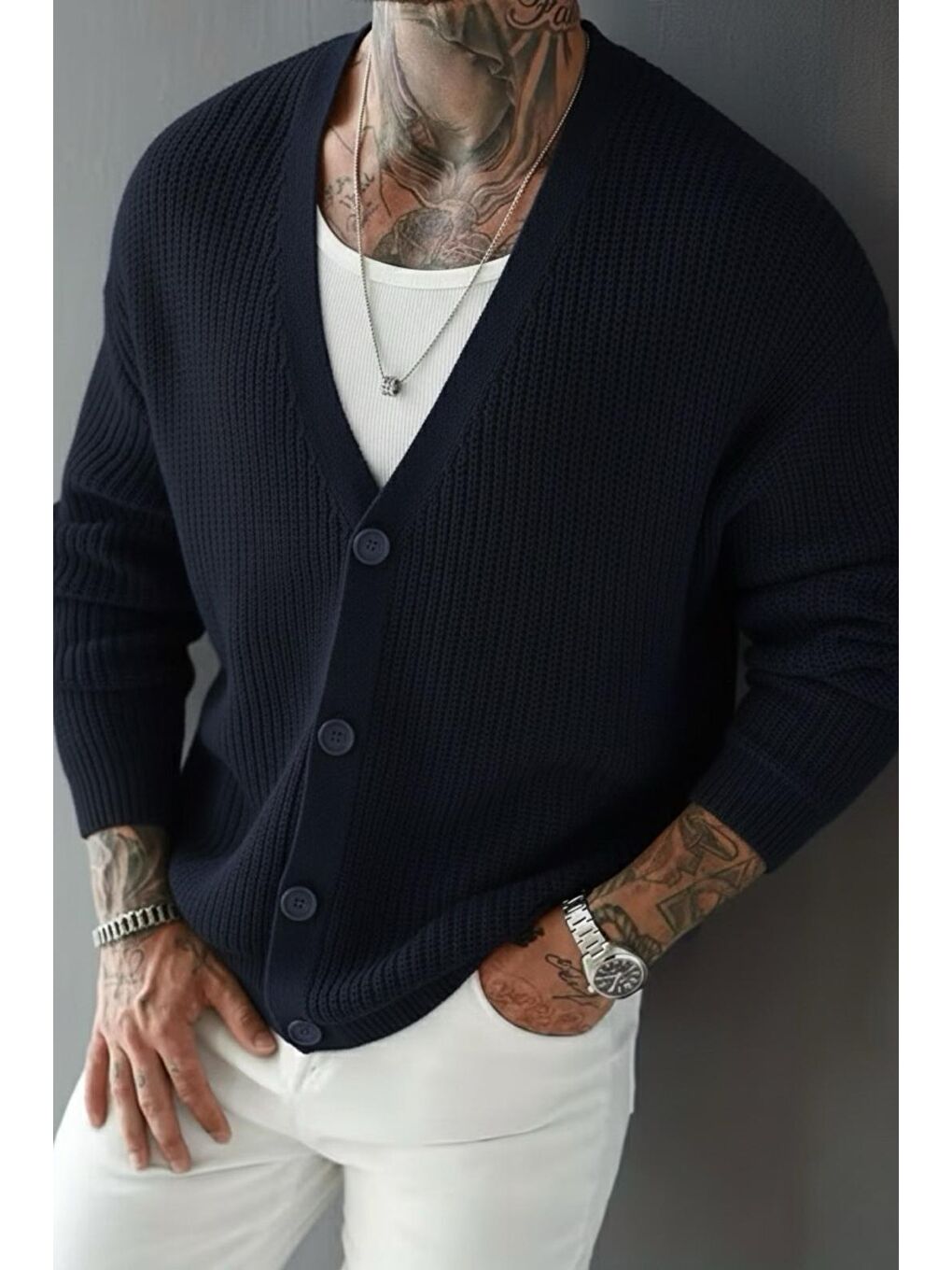 Lacivert Grov Düğmeli V Yaka Kalın Erkek Hırka
