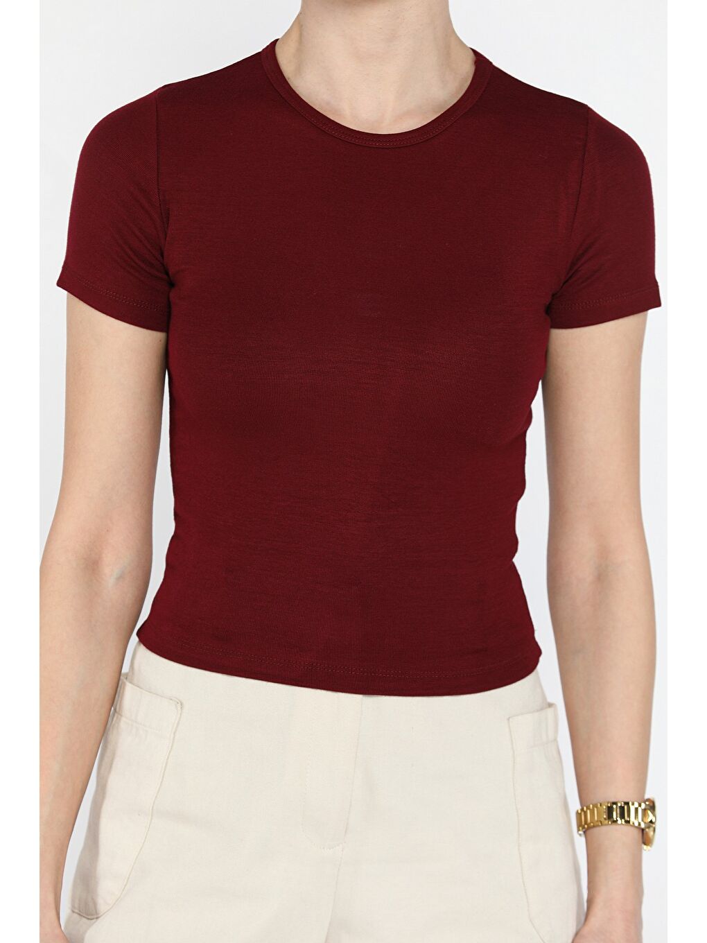 Bordo Kadın Bisiklet Yaka Basic Tişört-2