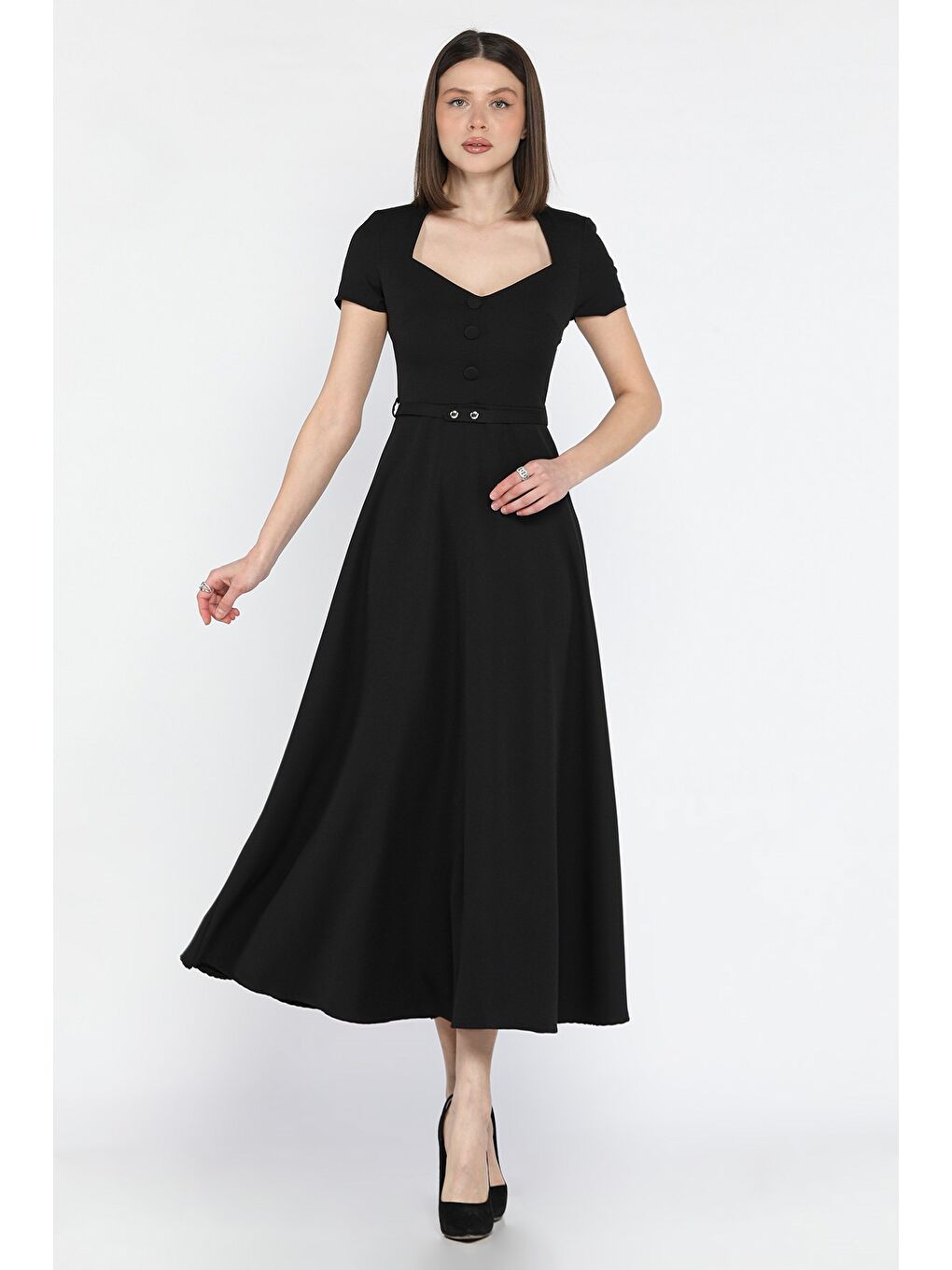 Siyah Kadın Omuz Vatkalı Kemerli Kiloş Elbise