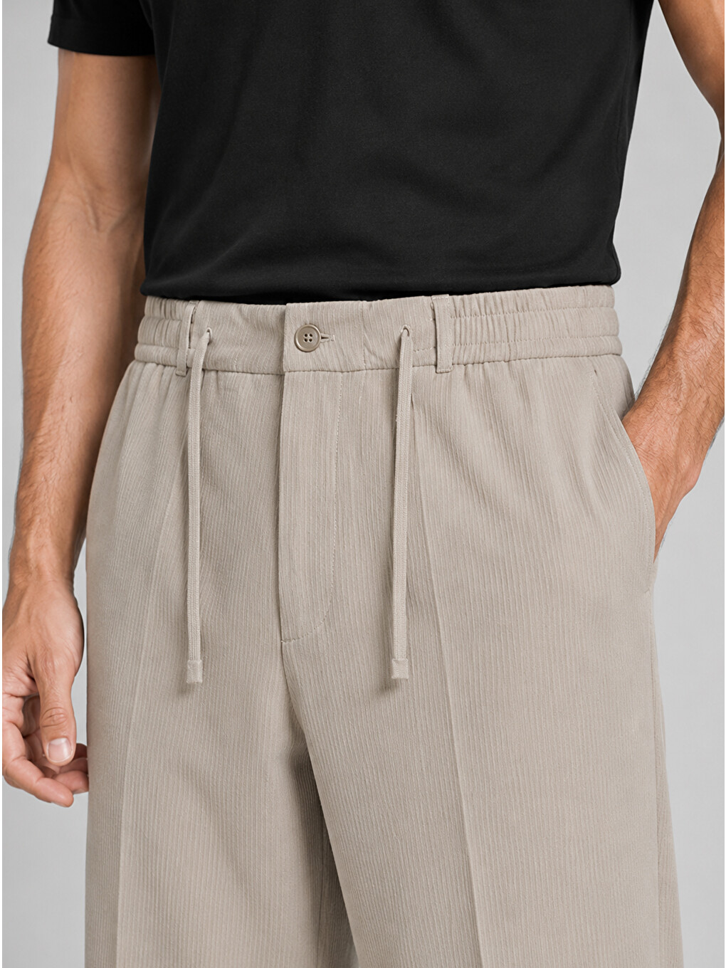Bej Erkek Vizon Relax Fit Bağcıklı Baggy Pantolon-3