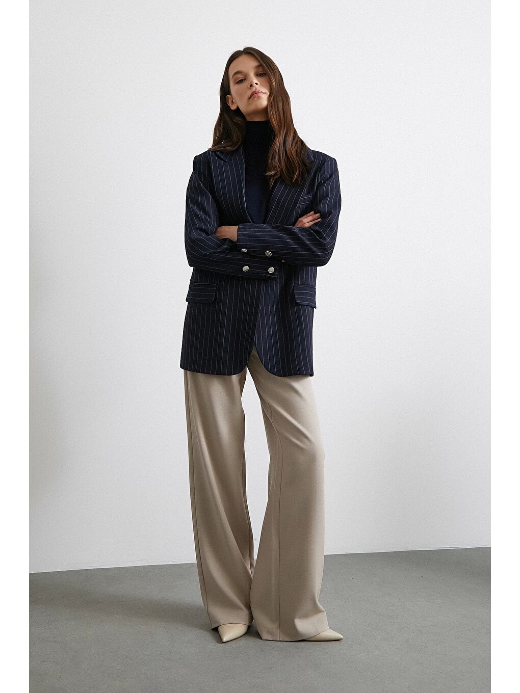 Bej Yüksek Bel Geniş Paça Pantolon Vizon-3