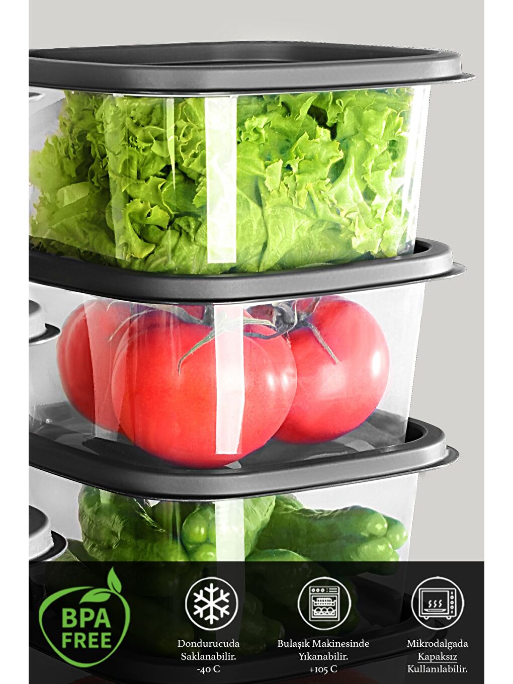 Gri 6 Adet Kare Erzak Gıda Saklama Kabı 1100 ml Antrasit-1