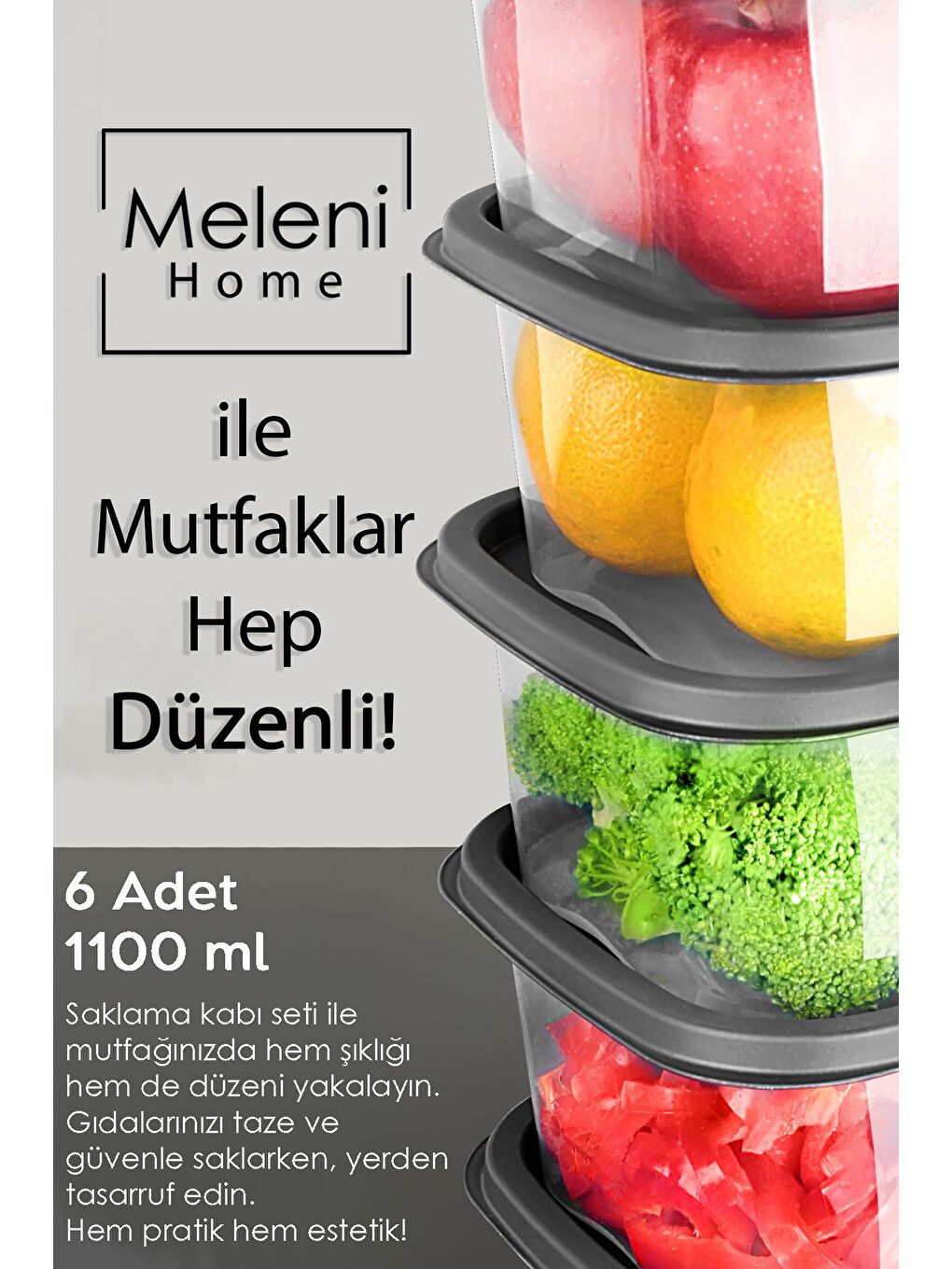 Gri 6 Adet Kare Erzak Gıda Saklama Kabı 1100 ml Antrasit-2