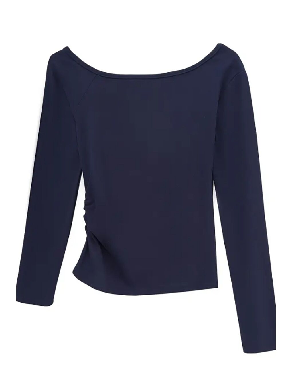 Lacivert Kadın Düşük Omuz Kayık Yaka Dar/Slim Uzun Kollu T-Shirt-5