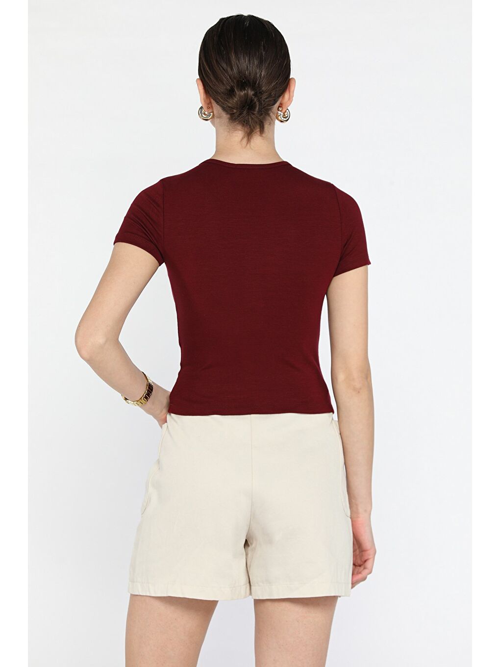 Bordo Kadın Bisiklet Yaka Basic Tişört-3