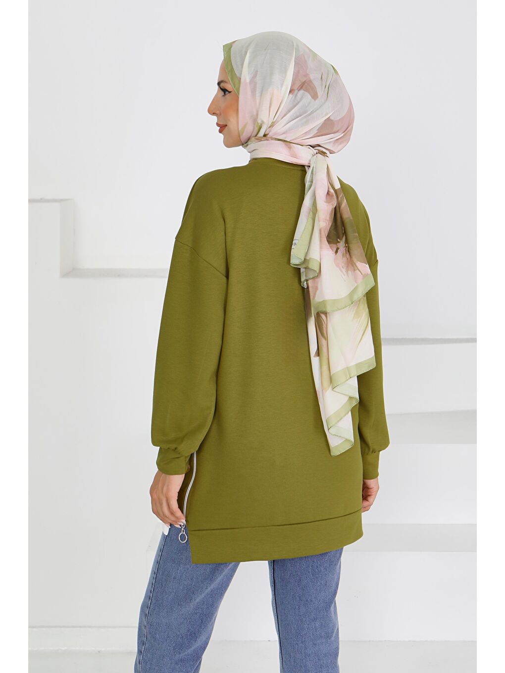 Garnili Fermuarlı İki İplik sweatshirt Haki - 27610-5