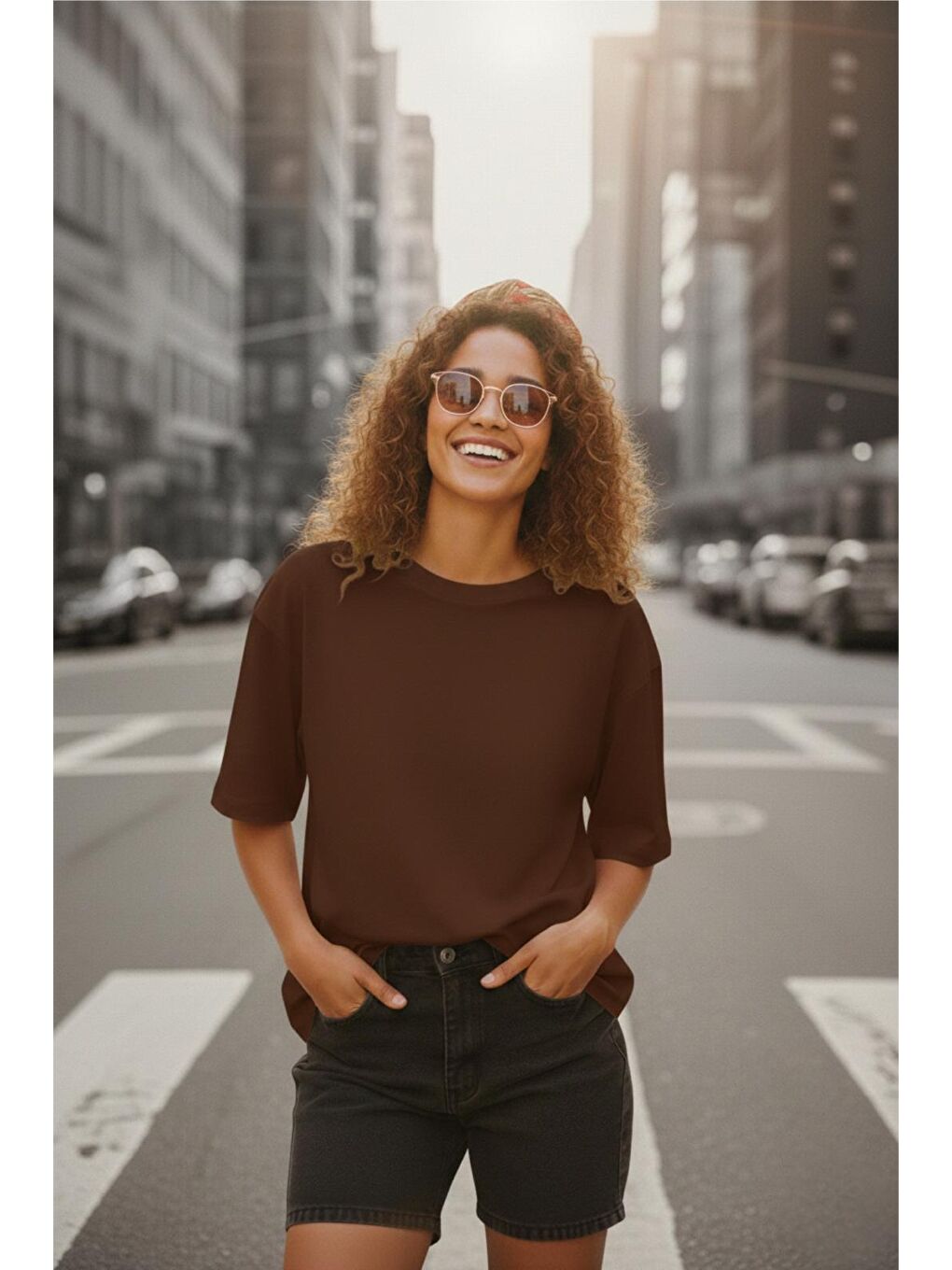 Kahverengi Mily Kadın Oversize Basic Bisiklet Yaka Pamuklu T-Shirt Rahat Kesim Unisex Sevgili Kombini