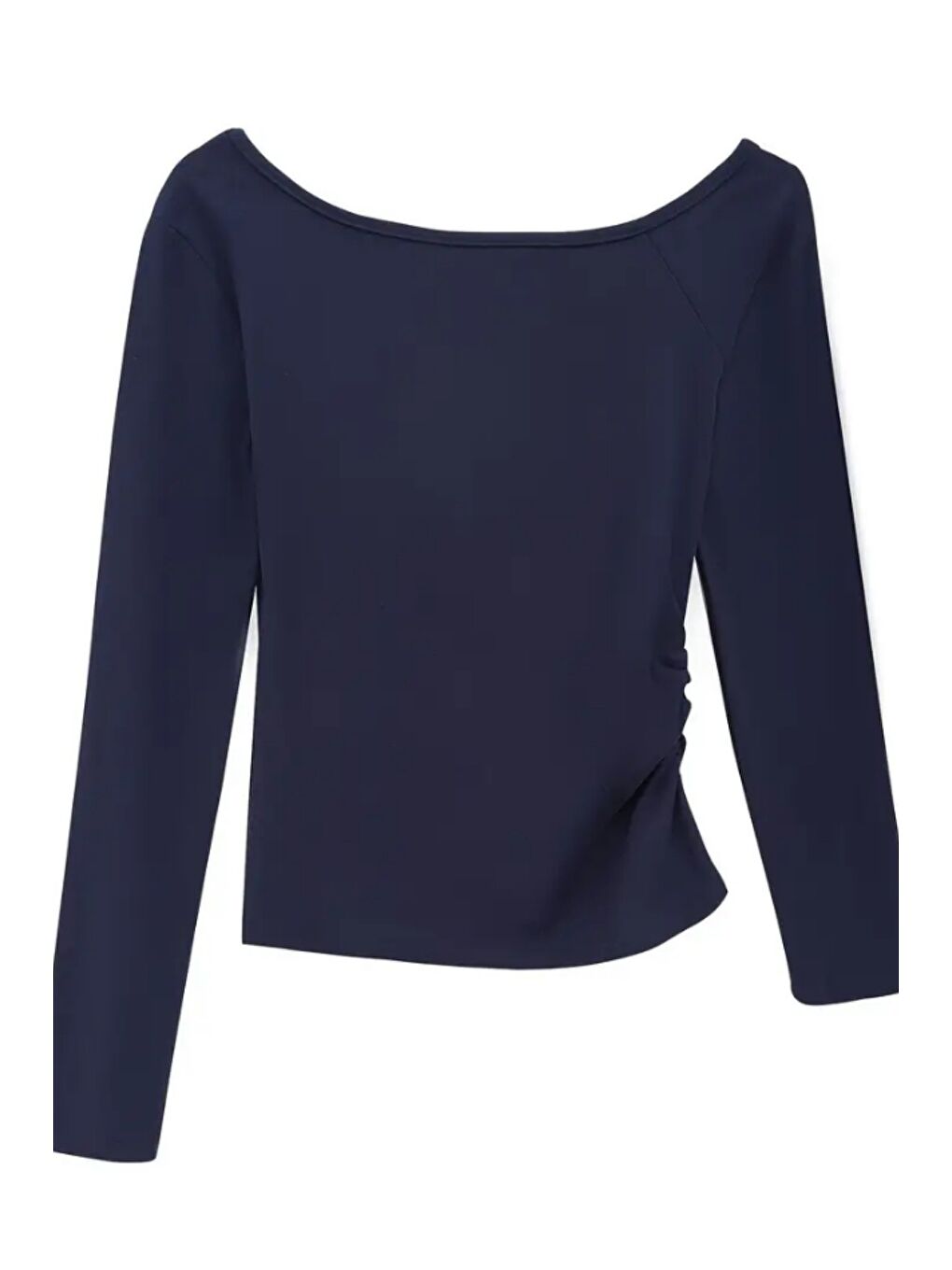 Lacivert Kadın Düşük Omuz Kayık Yaka Dar/Slim Uzun Kollu T-Shirt-6