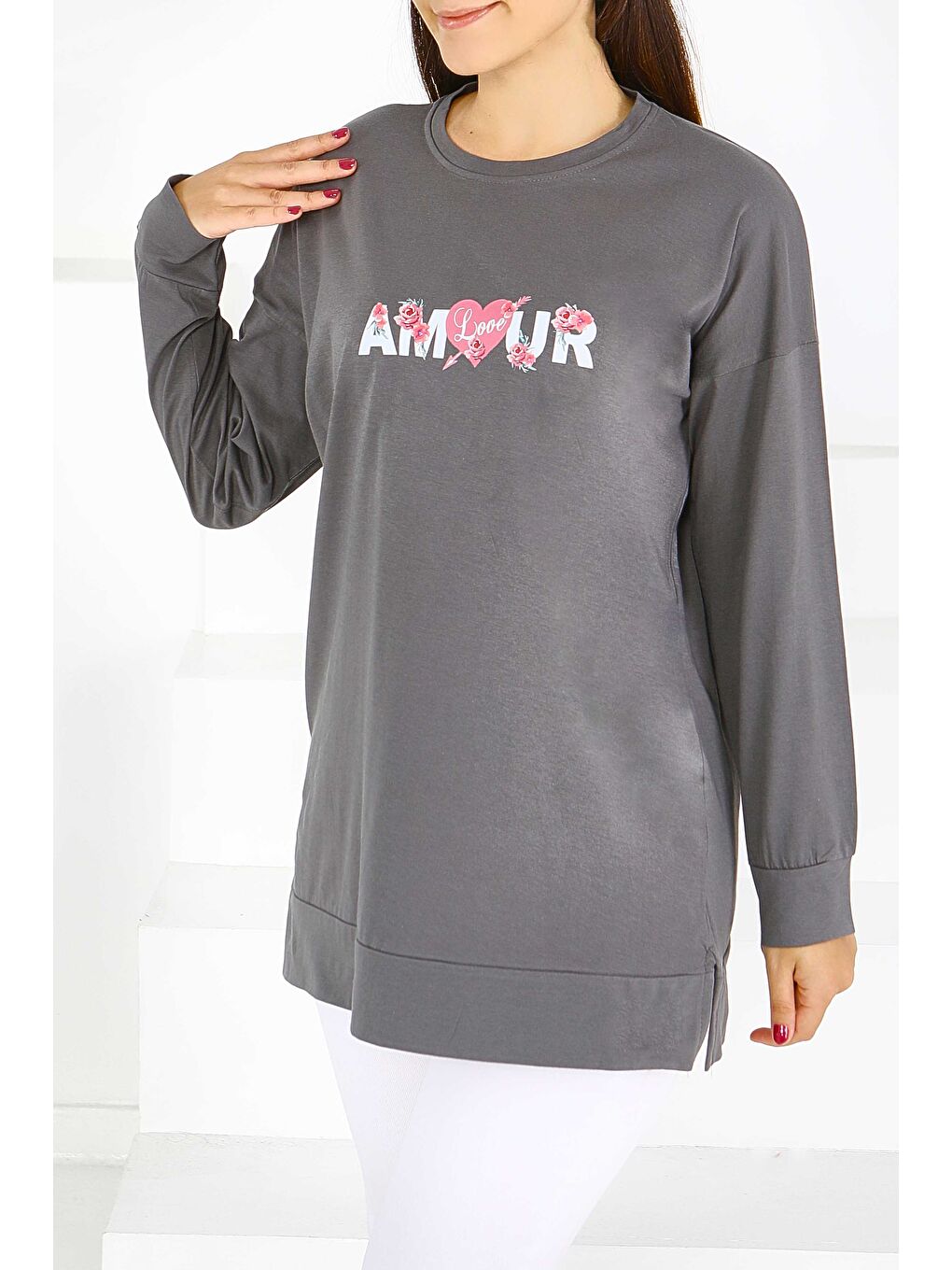 Uzun Kollu Baskılı Süprem Tunik Antrasit - 27584-1
