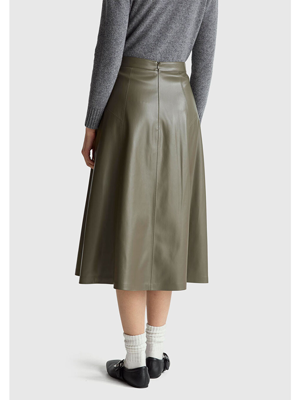 Kadın Haki Yırtmaçlı Görünmez Fermuarlı Uzun Kloş Etek-2