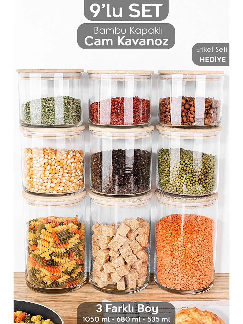 Renksiz 9'lu Bambu Kapaklı Cam Saklama Kabı Seti Etiketli Vakum Kapak Bakliyat Kavanozu 3x 535 680 1050 ml