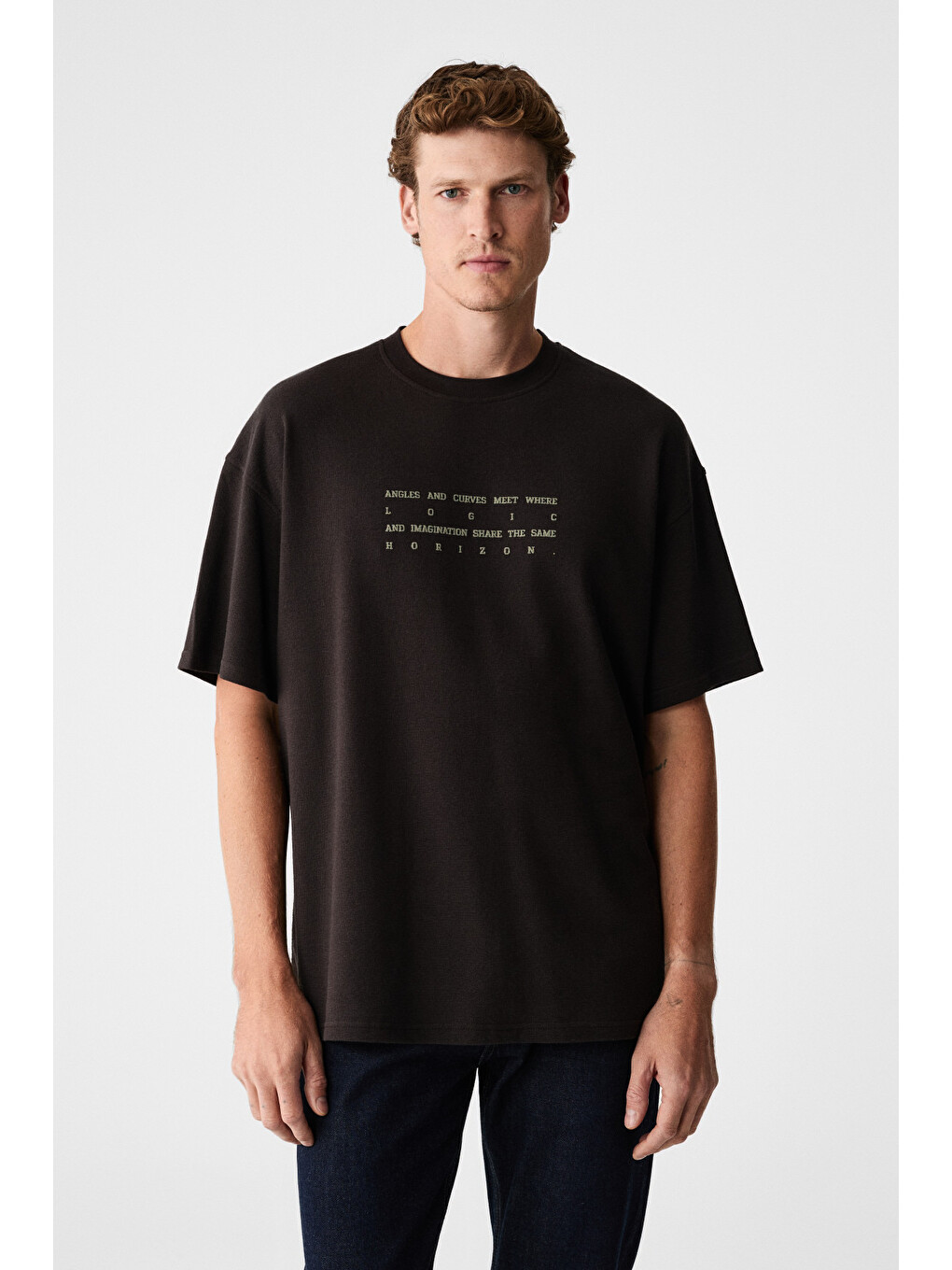 Kahverengi Angles Erkek %100 Organik Pamuk Baskılı Bisiklet Yakalı Oversize Acı Kahve T-shirt