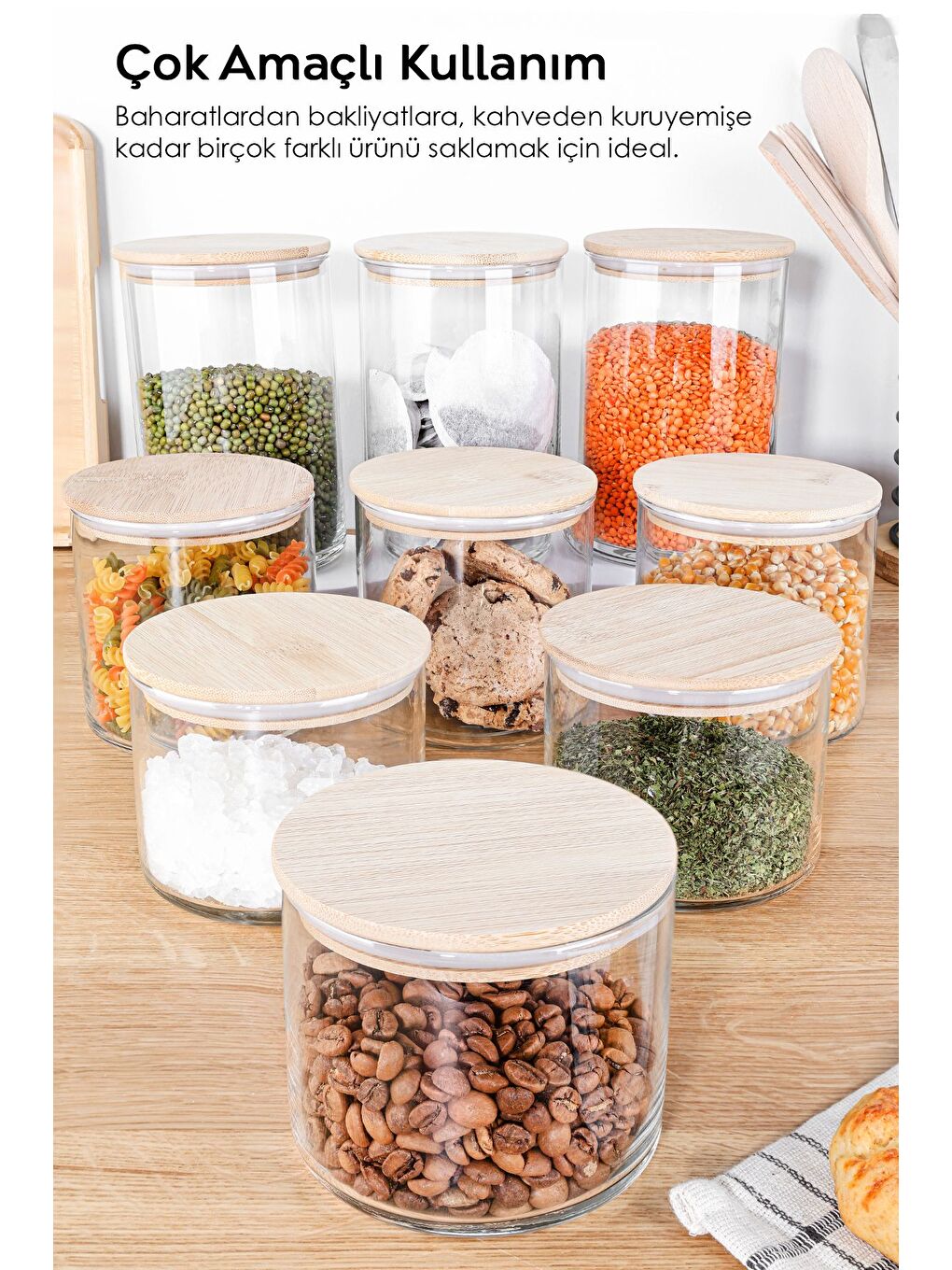 Renksiz 9'lu Bambu Kapaklı Cam Saklama Kabı Seti Etiketli Vakum Kapak Bakliyat Kavanozu 3x 535 680 1050 ml-2