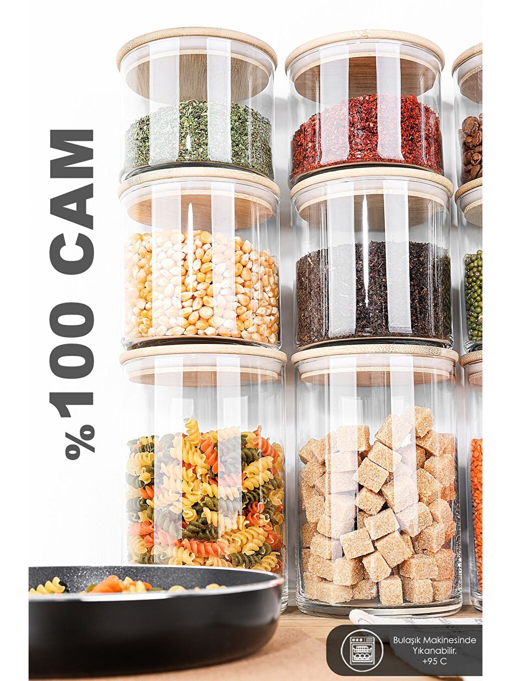 Renksiz 9'lu Bambu Kapaklı Cam Saklama Kabı Seti Etiketli Vakum Kapak Bakliyat Kavanozu 3x 535 680 1050 ml-3