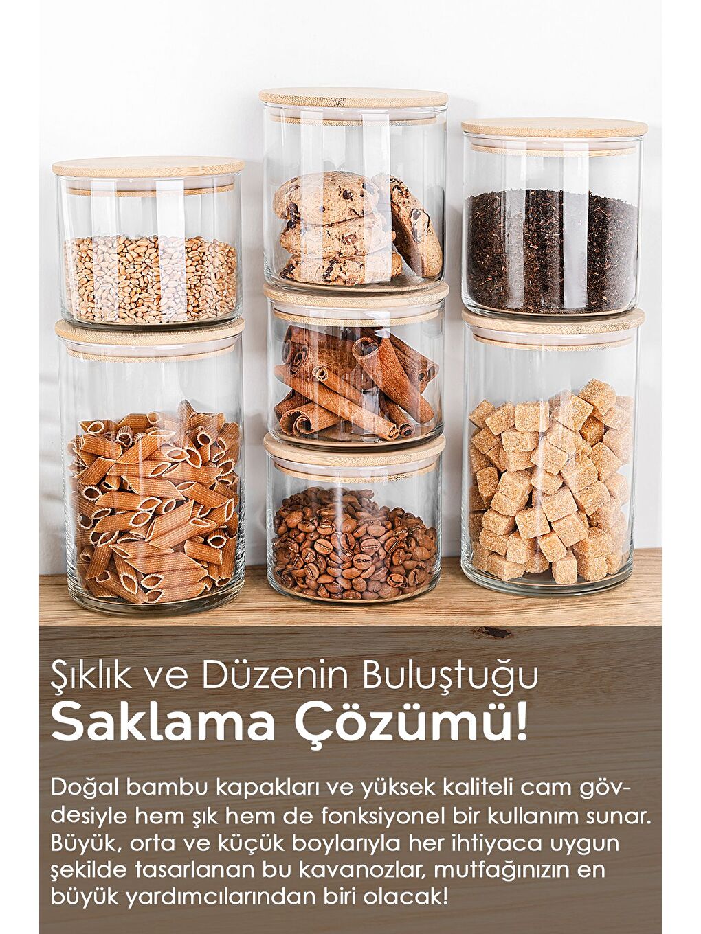 Renksiz 9'lu Bambu Kapaklı Cam Saklama Kabı Seti Etiketli Vakum Kapak Bakliyat Kavanozu 3x 535 680 1050 ml-4