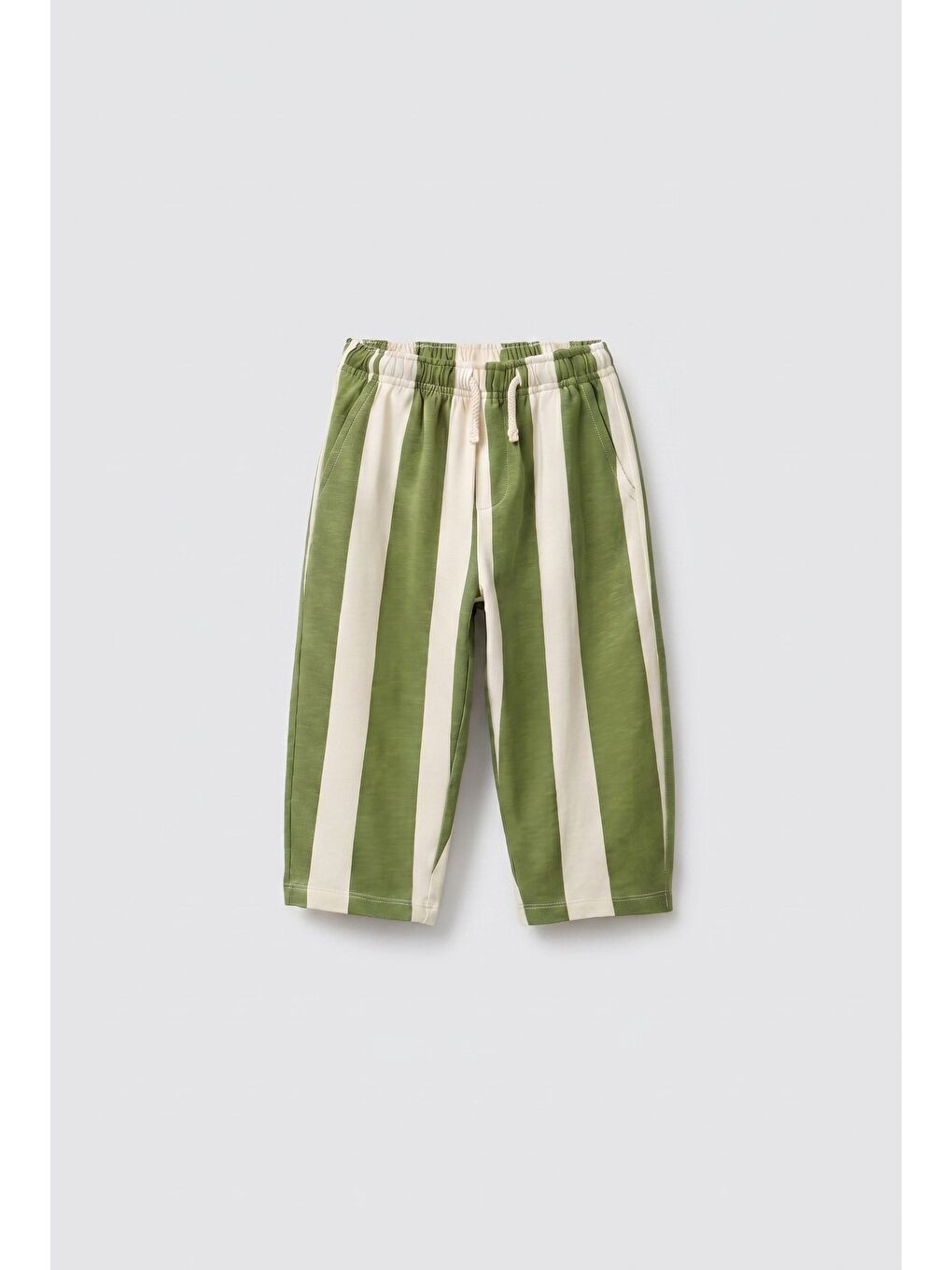 Unisex Çocuk Pamuklu Yeşil Ekru Çizgili Pantolon
