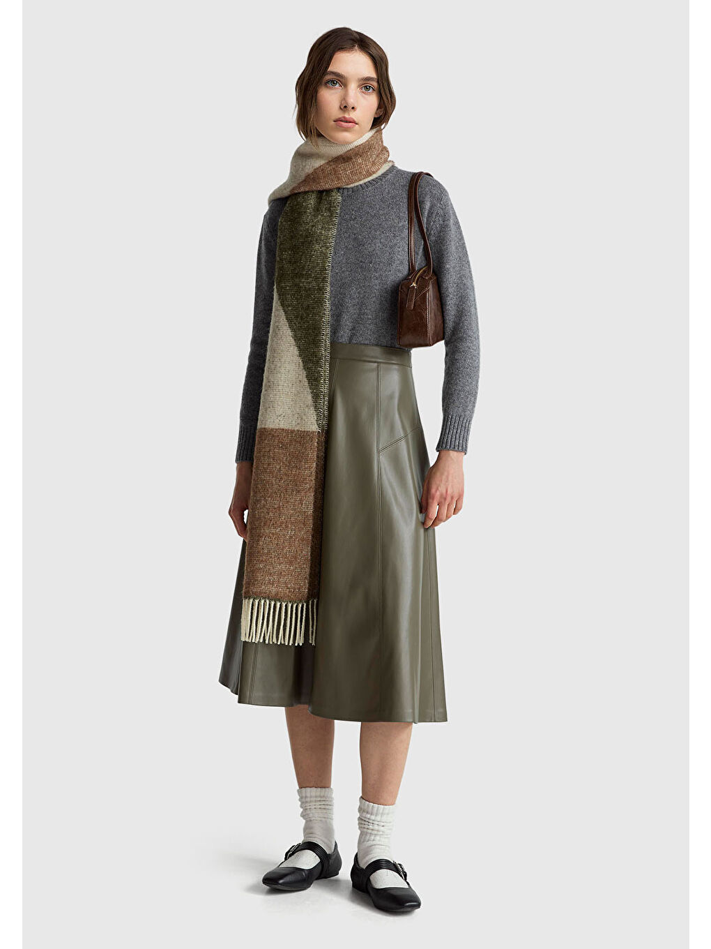 Kadın Haki Yırtmaçlı Görünmez Fermuarlı Uzun Kloş Etek-4