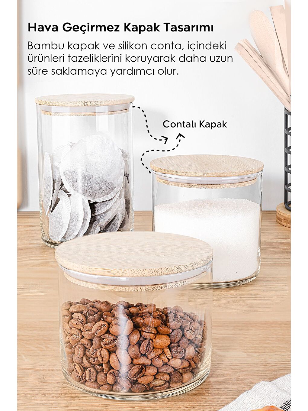 Renksiz 9'lu Bambu Kapaklı Cam Saklama Kabı Seti Etiketli Vakum Kapak Bakliyat Kavanozu 3x 535 680 1050 ml-5