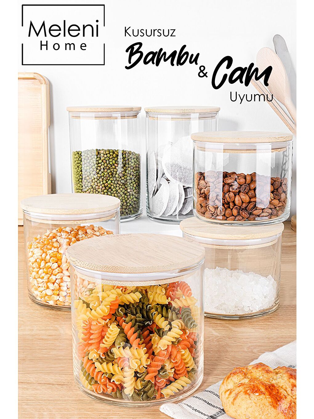 Renksiz 9'lu Bambu Kapaklı Cam Saklama Kabı Seti Etiketli Vakum Kapak Bakliyat Kavanozu 3x 535 680 1050 ml-6