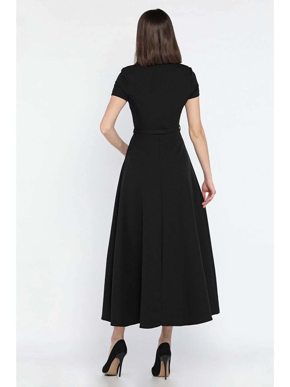 Siyah Kadın Omuz Vatkalı Kemerli Kiloş Elbise-3