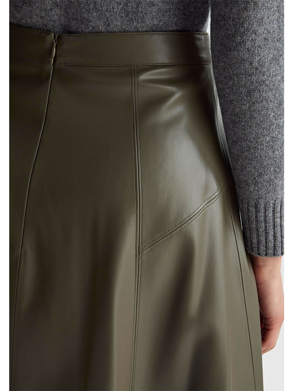 Kadın Haki Yırtmaçlı Görünmez Fermuarlı Uzun Kloş Etek-5