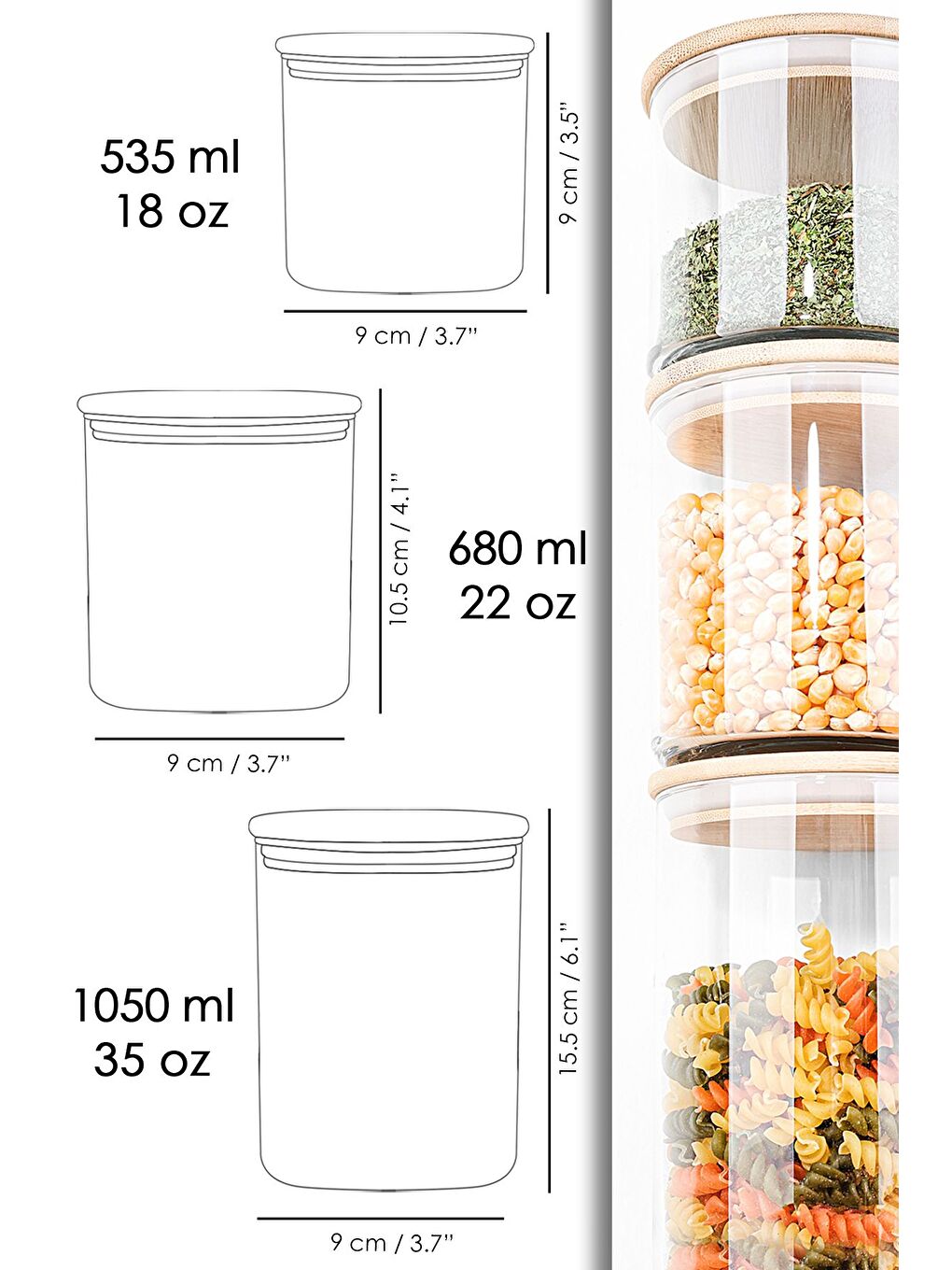 Renksiz 9'lu Bambu Kapaklı Cam Saklama Kabı Seti Etiketli Vakum Kapak Bakliyat Kavanozu 3x 535 680 1050 ml-7
