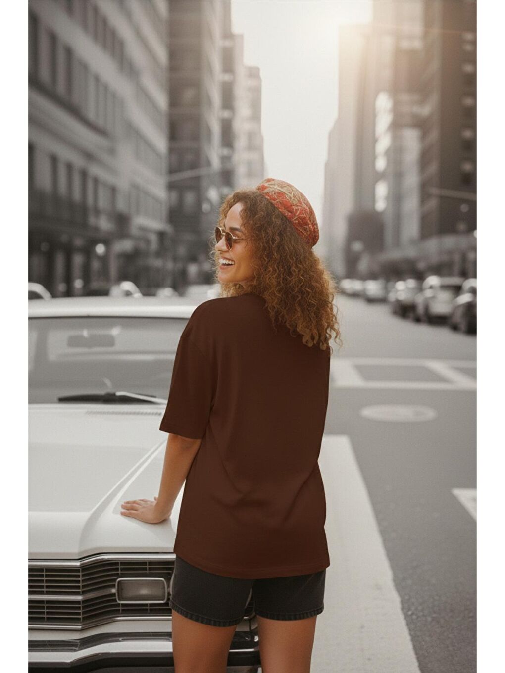 Kahverengi Mily Kadın Oversize Basic Bisiklet Yaka Pamuklu T-Shirt Rahat Kesim Unisex Sevgili Kombini-2