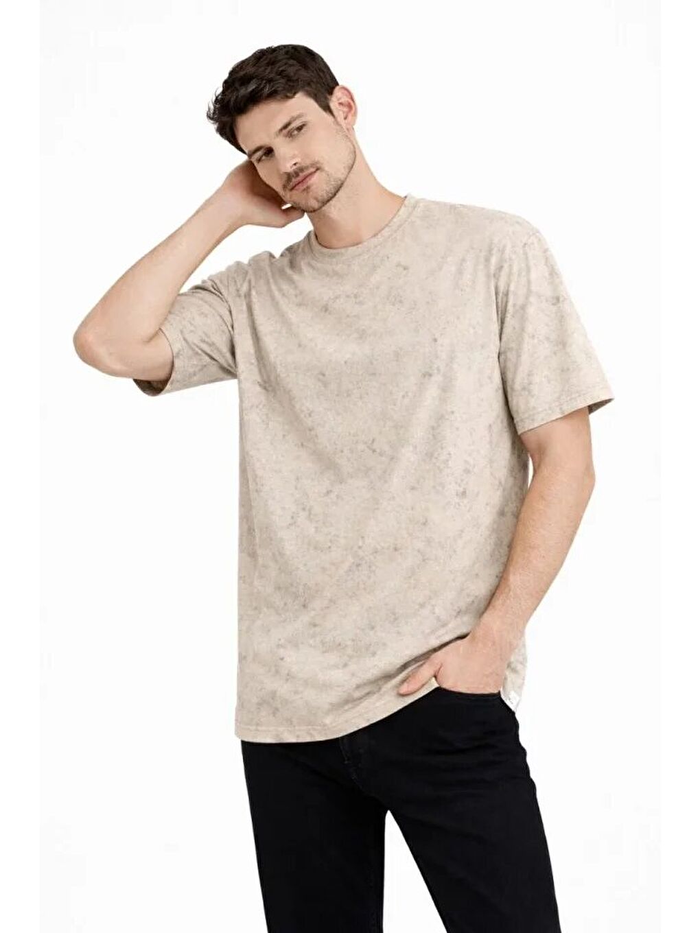 Erkek Asit Yıkama Bisiklet Yaka Kısa Kollu Oversize T-Shirt Tişört - Bej